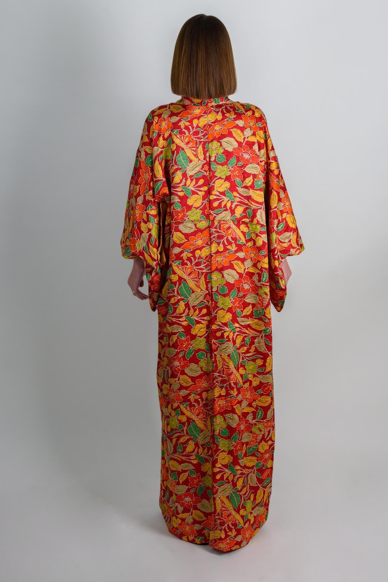 Handmade Silk Kimono: Vibrant Floral Print Boho Robe