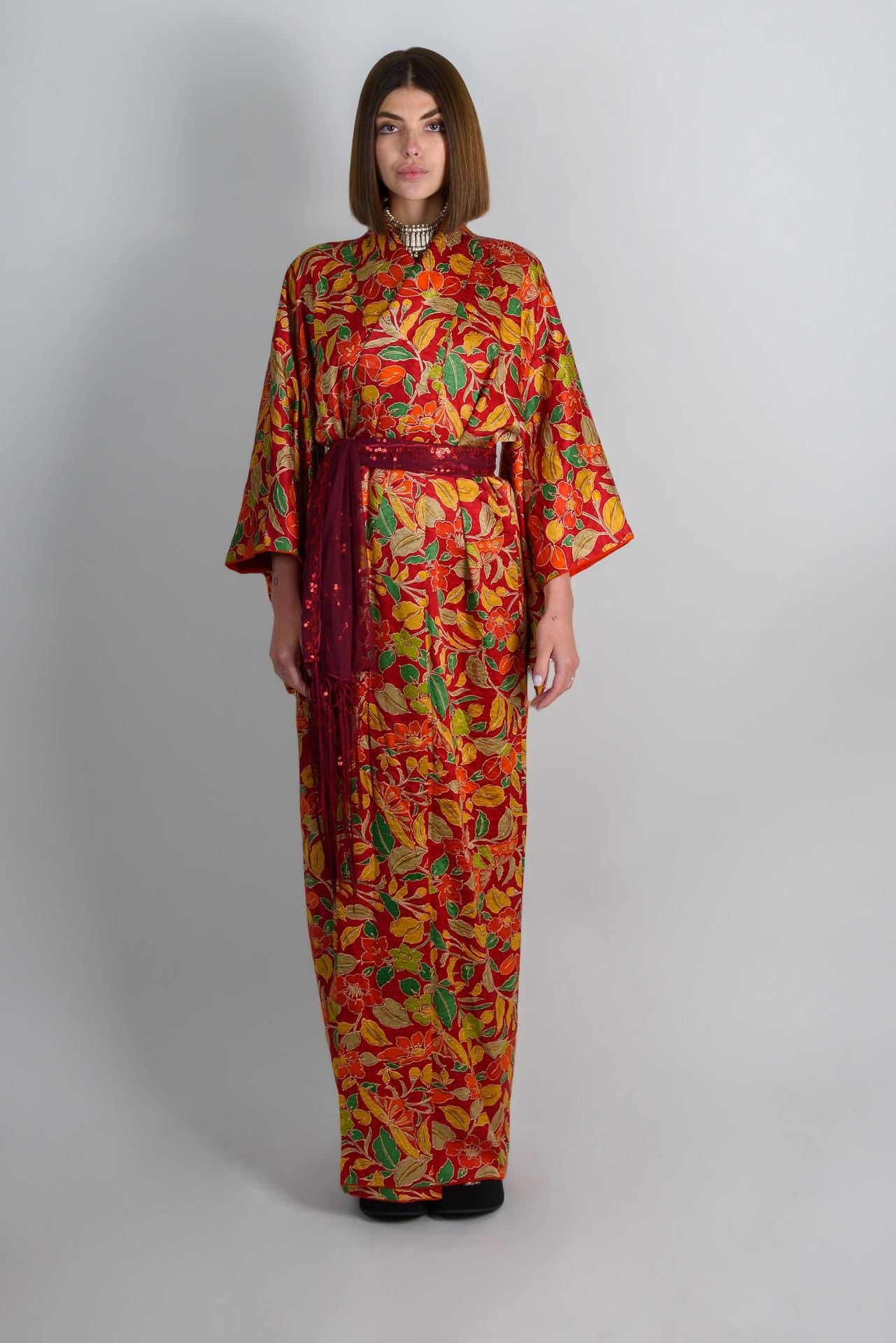 Handmade Silk Kimono: Vibrant Floral Print Boho Robe