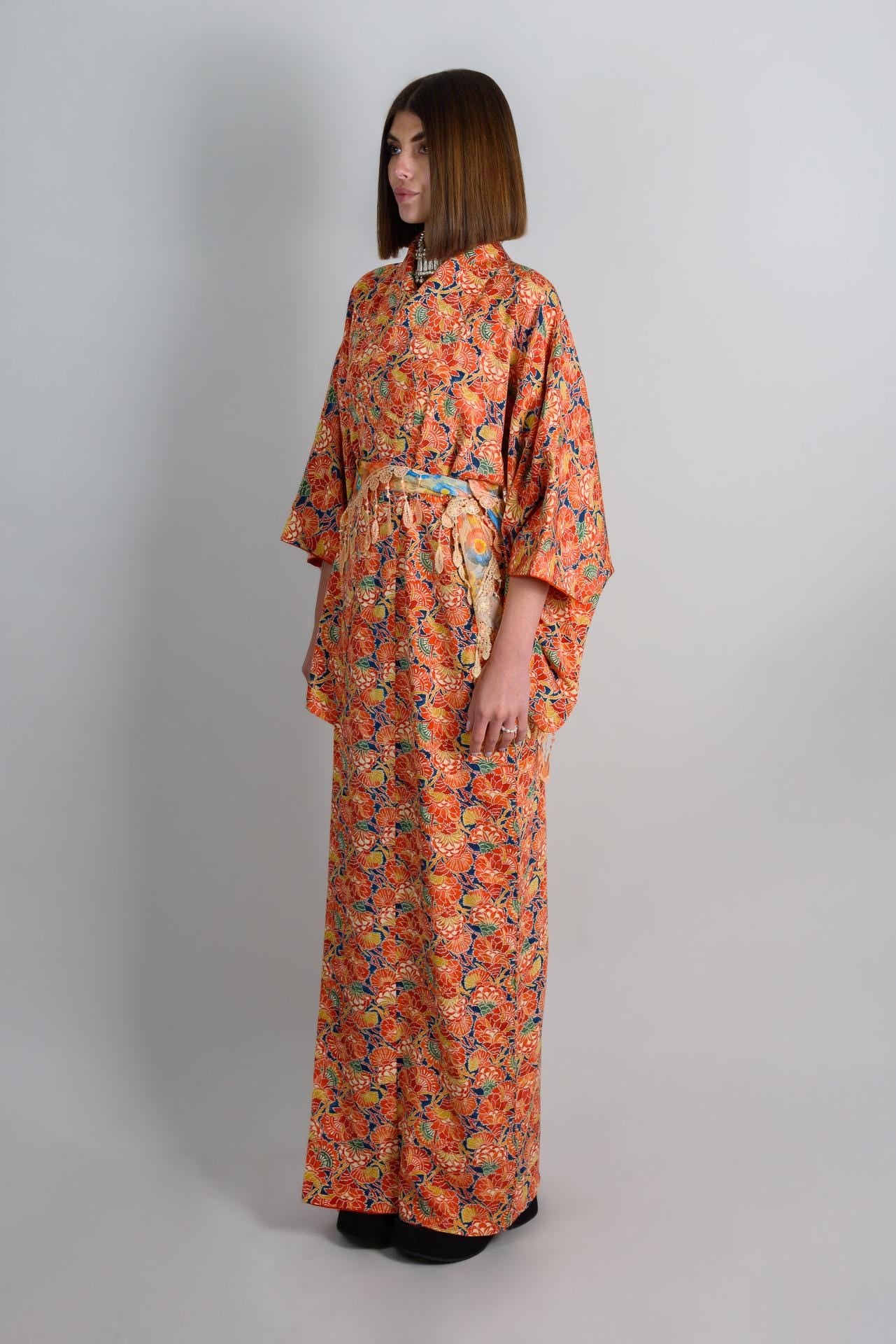 Handmade Silk Kimono | Japanese Floral Robe, Vibrant Orange