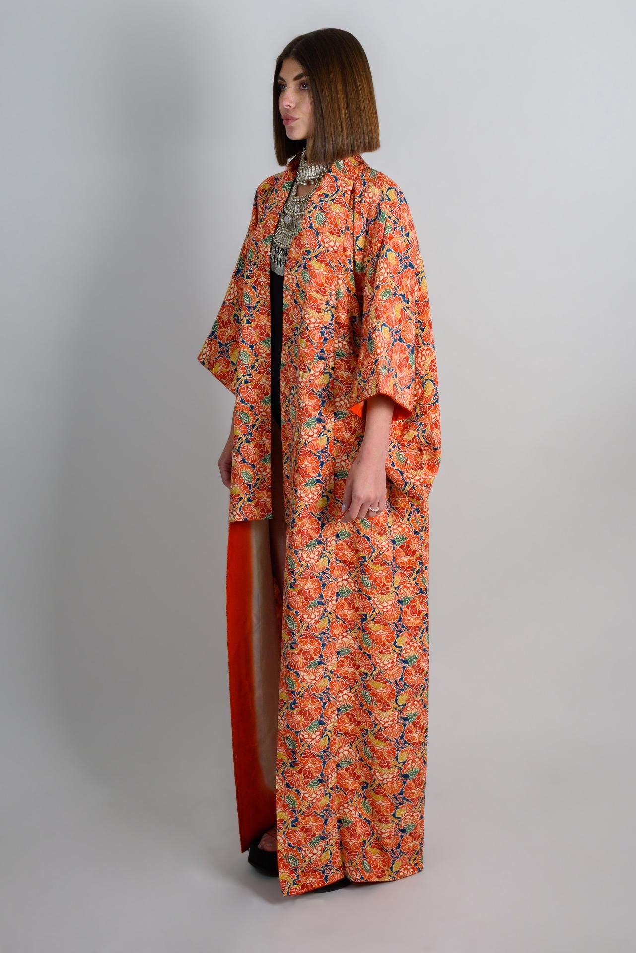 Handmade Silk Kimono | Japanese Floral Robe, Vibrant Orange