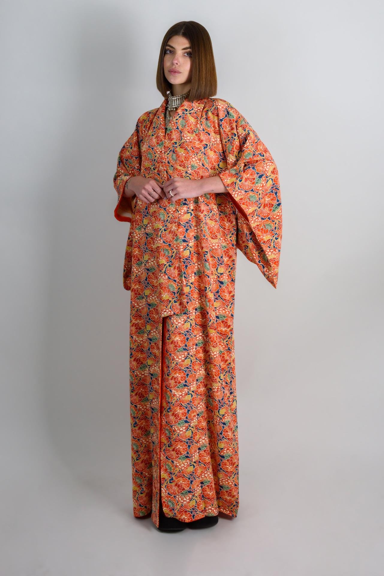Handmade Silk Kimono | Japanese Floral Robe, Vibrant Orange