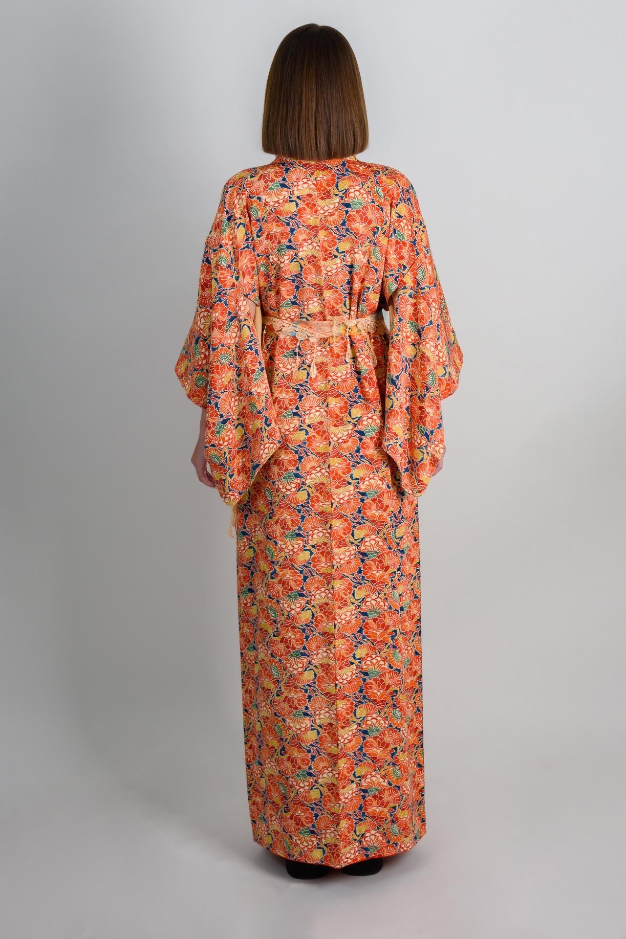 Handmade Silk Kimono | Japanese Floral Robe, Vibrant Orange