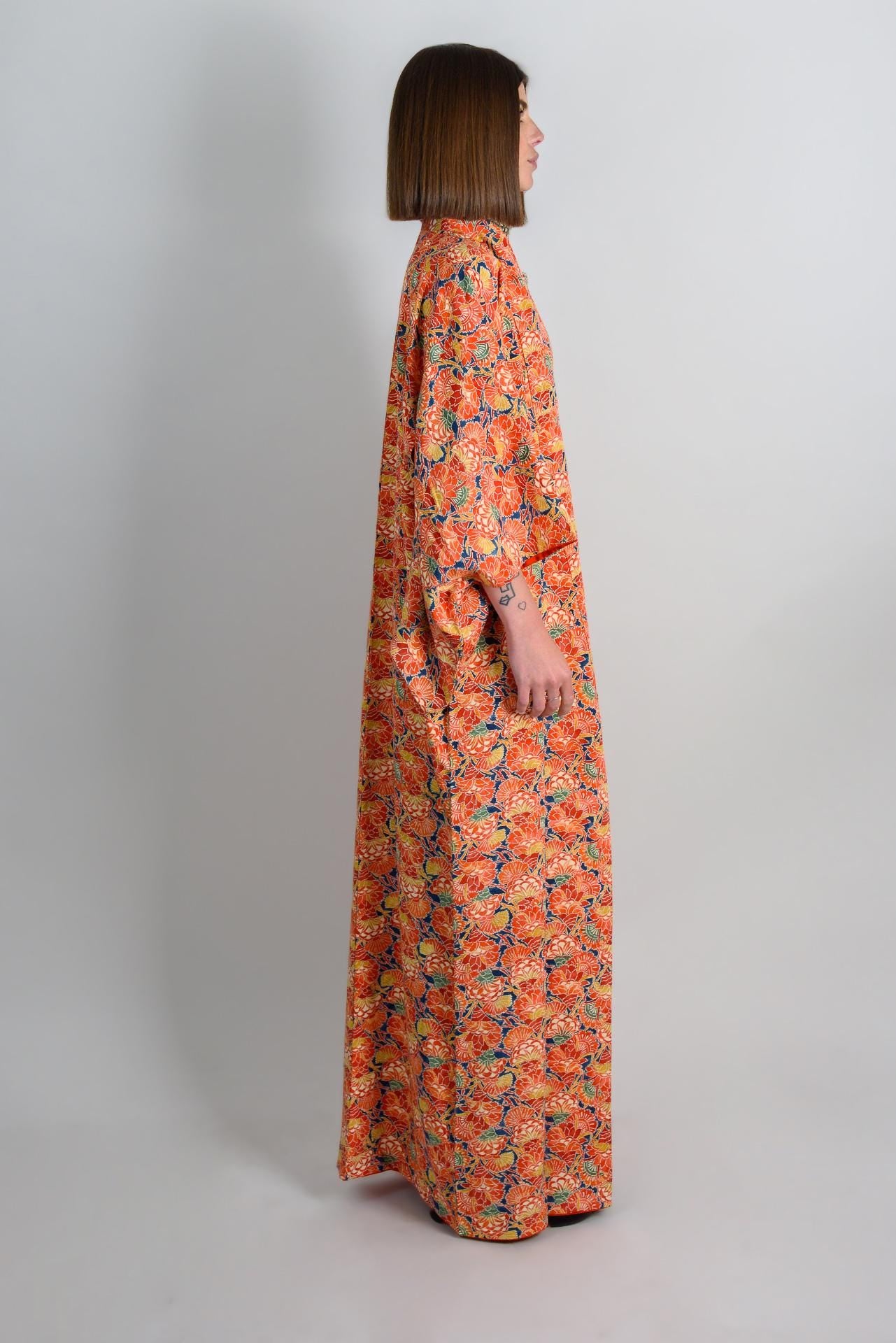 Handmade Silk Kimono | Japanese Floral Robe, Vibrant Orange
