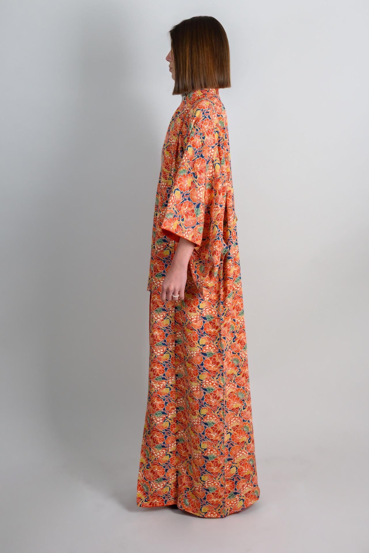 Handmade Silk Kimono | Japanese Floral Robe, Vibrant Orange