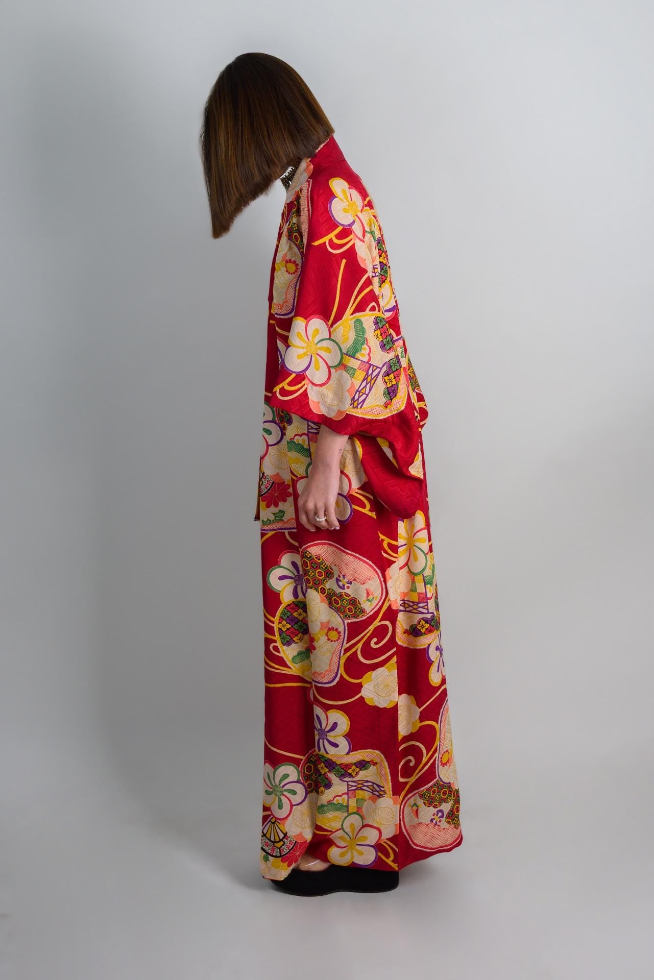 Handmade Silk Kimono: Crimson Floral Print, Japanese Boho Robe