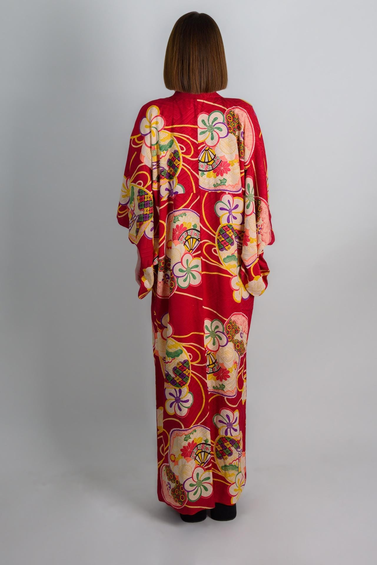 Handmade Silk Kimono: Crimson Floral Print, Japanese Boho Robe