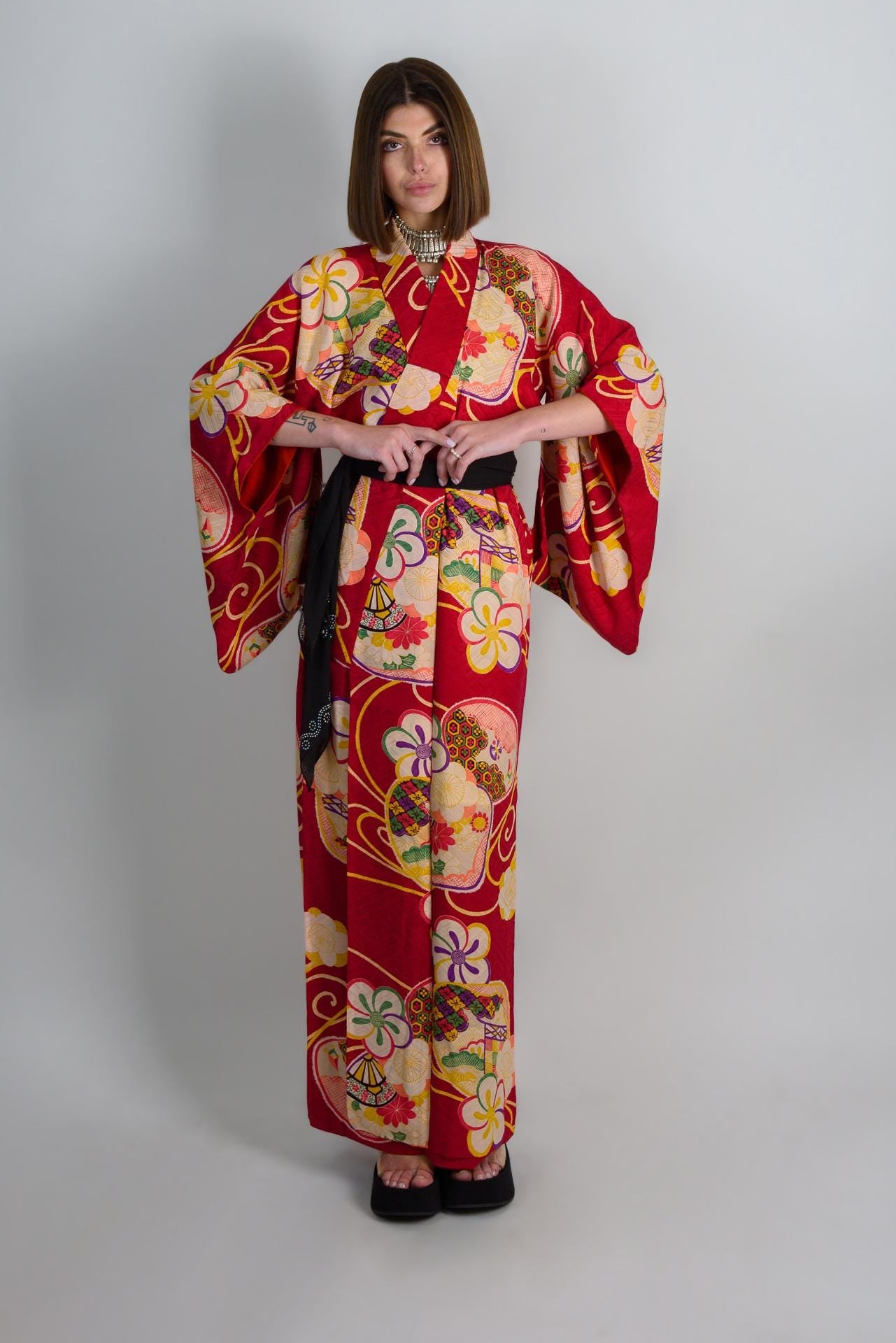 Handmade Silk Kimono: Crimson Floral Print, Japanese Boho Robe