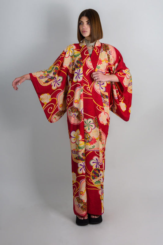 Handmade Silk Kimono: Crimson Floral Print, Japanese Boho Robe