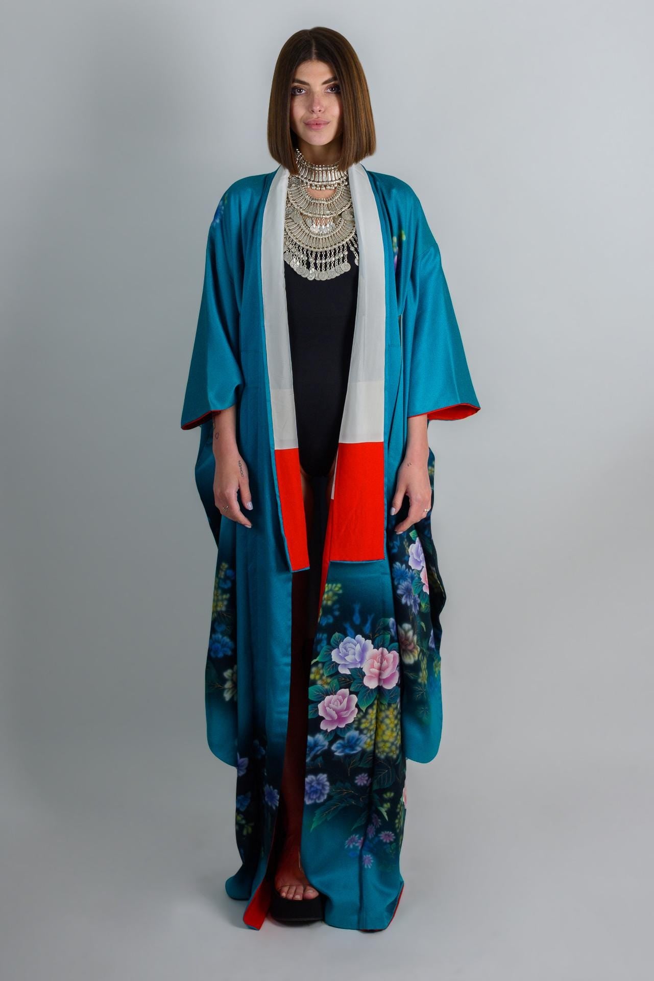 Handmade Silk Kimono Robe: Japanese Floral Print, Teal Boho Fashion