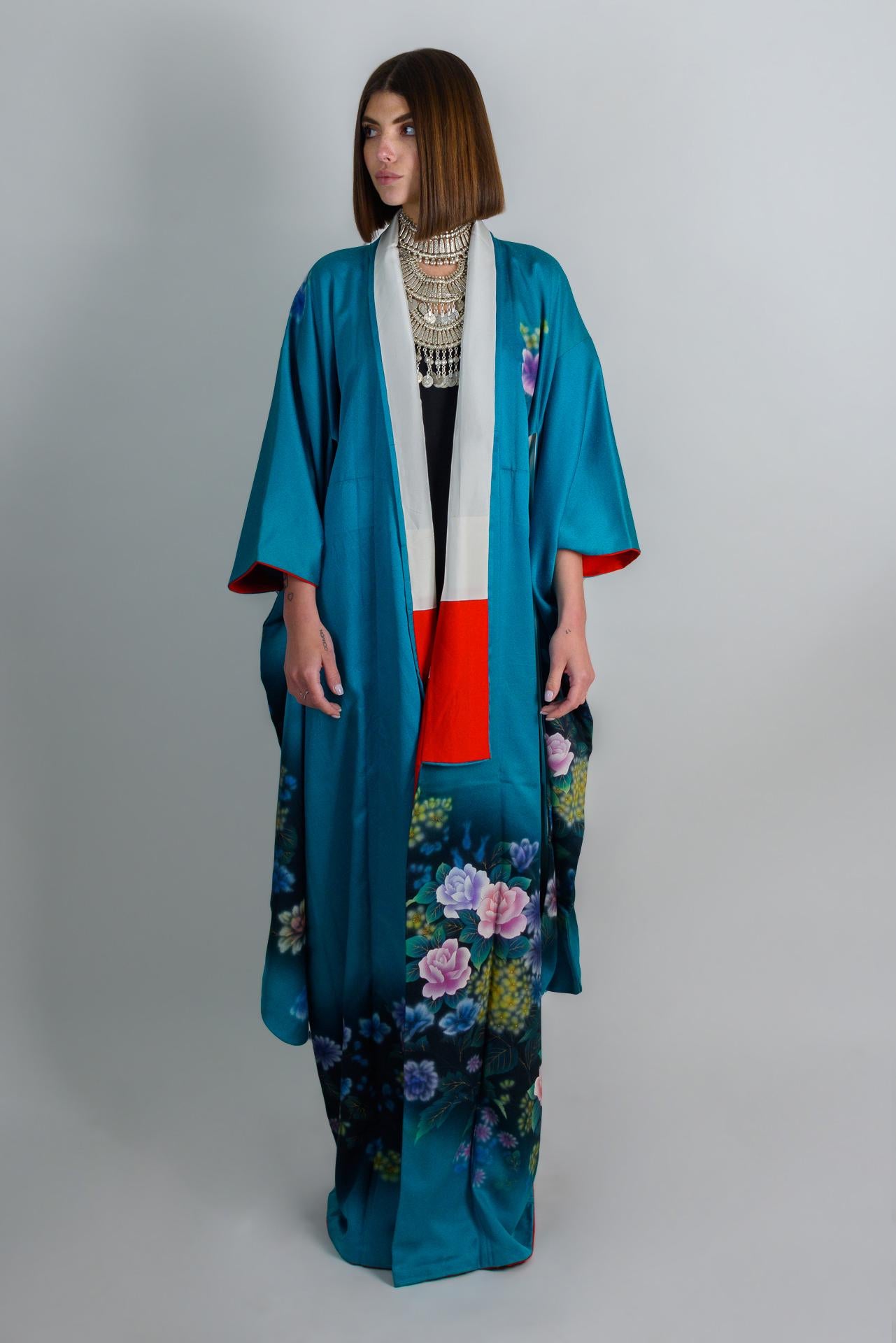 Handmade Silk Kimono Robe: Japanese Floral Print, Teal Boho Fashion