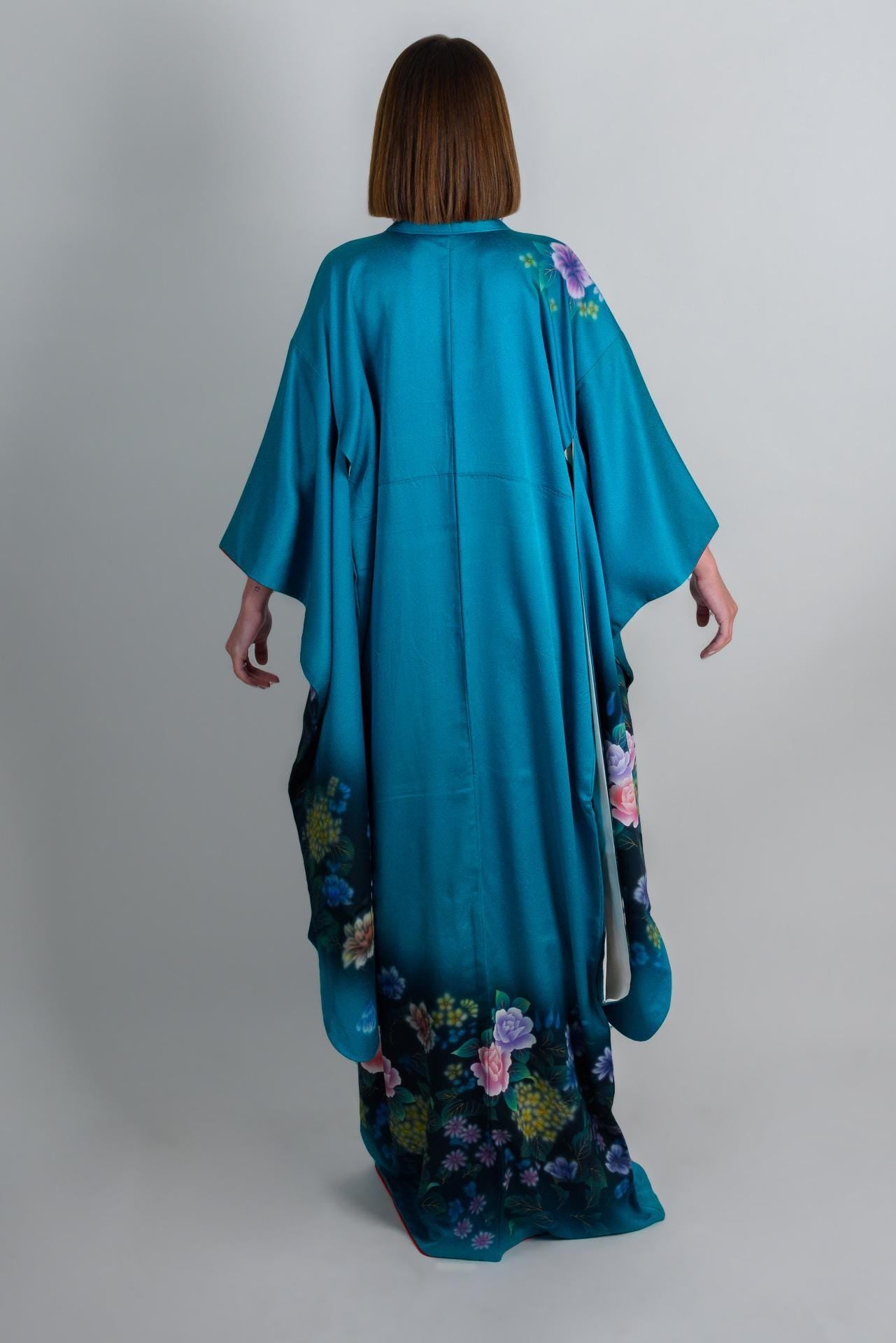 Handmade Silk Kimono Robe: Japanese Floral Print, Teal Boho Fashion