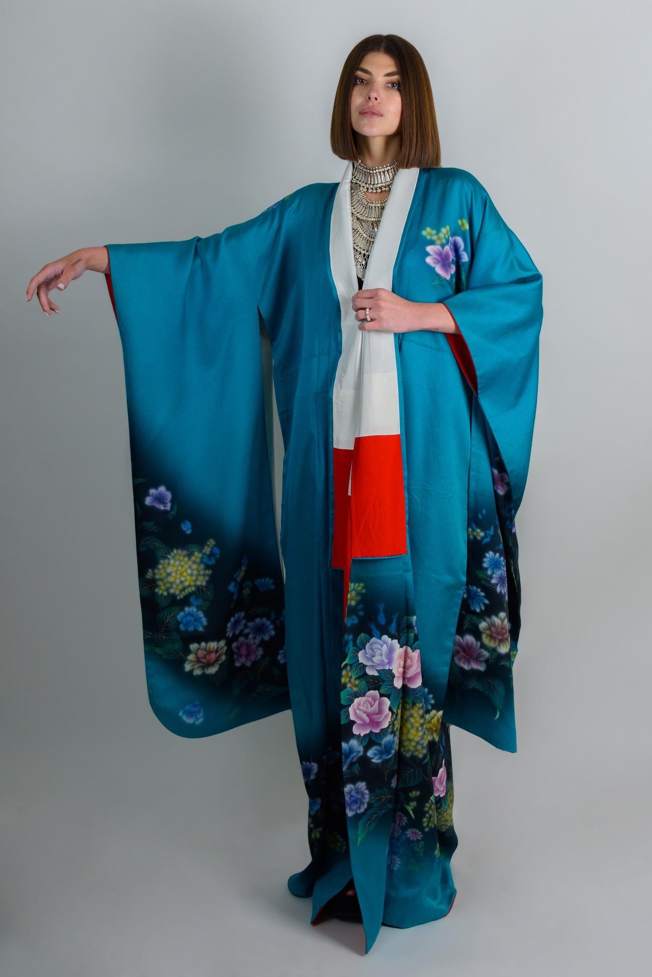 Handmade Silk Kimono Robe: Japanese Floral Print, Teal Boho Fashion