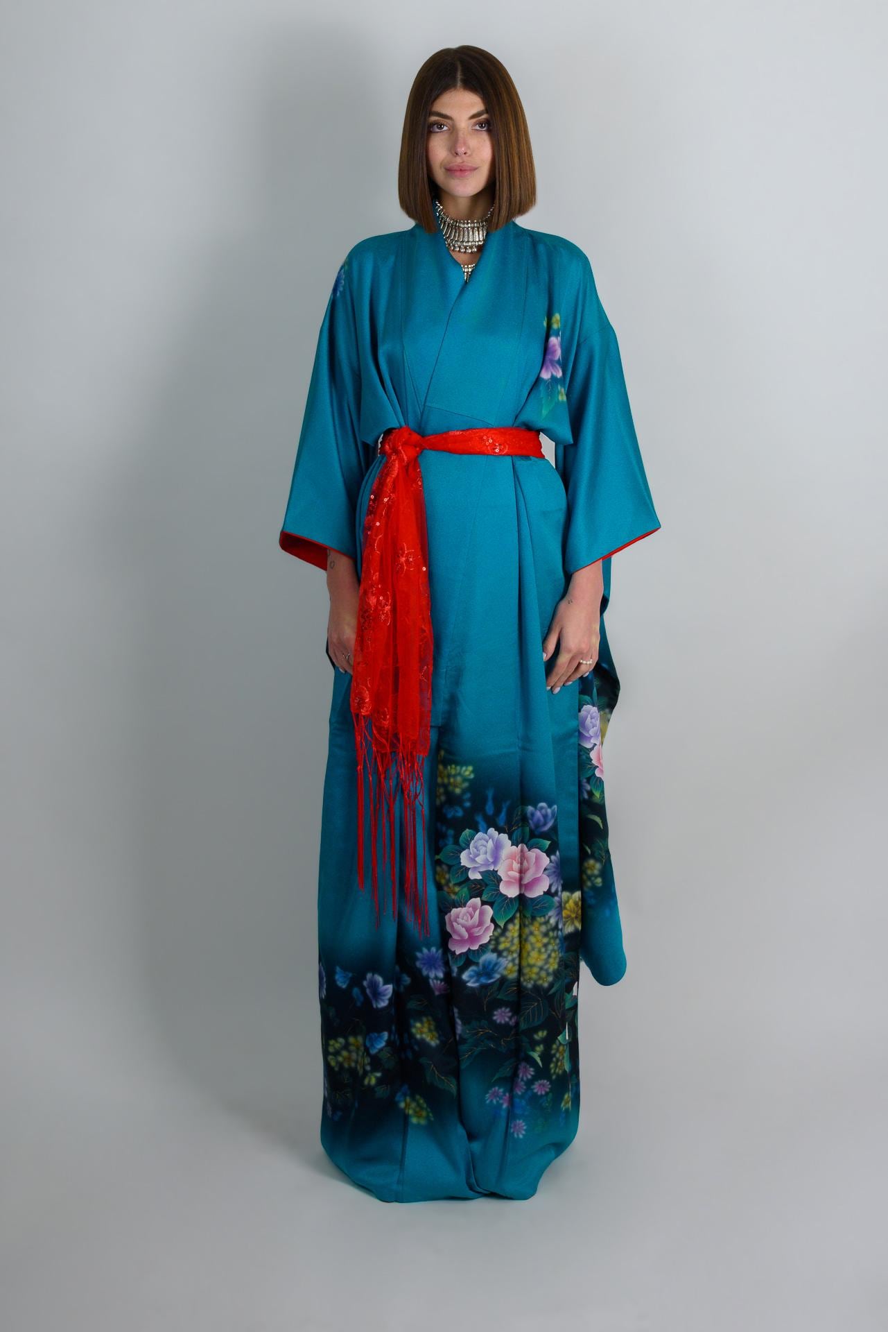 Handmade Silk Kimono Robe: Japanese Floral Print, Teal Boho Fashion
