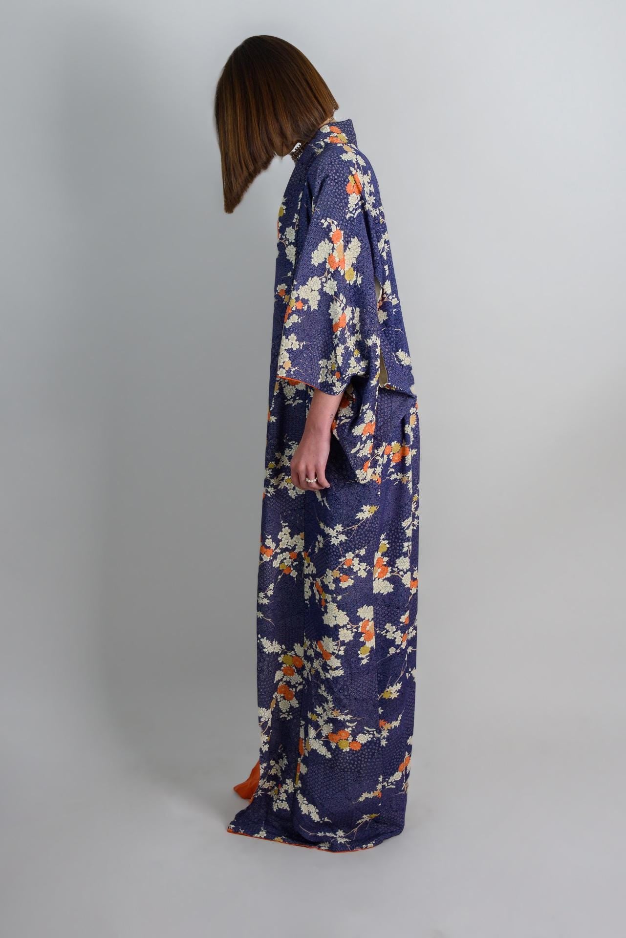 Silk Kimono Robe: Indigo Chrysanthemum Floral, Handmade Japanese Fashion