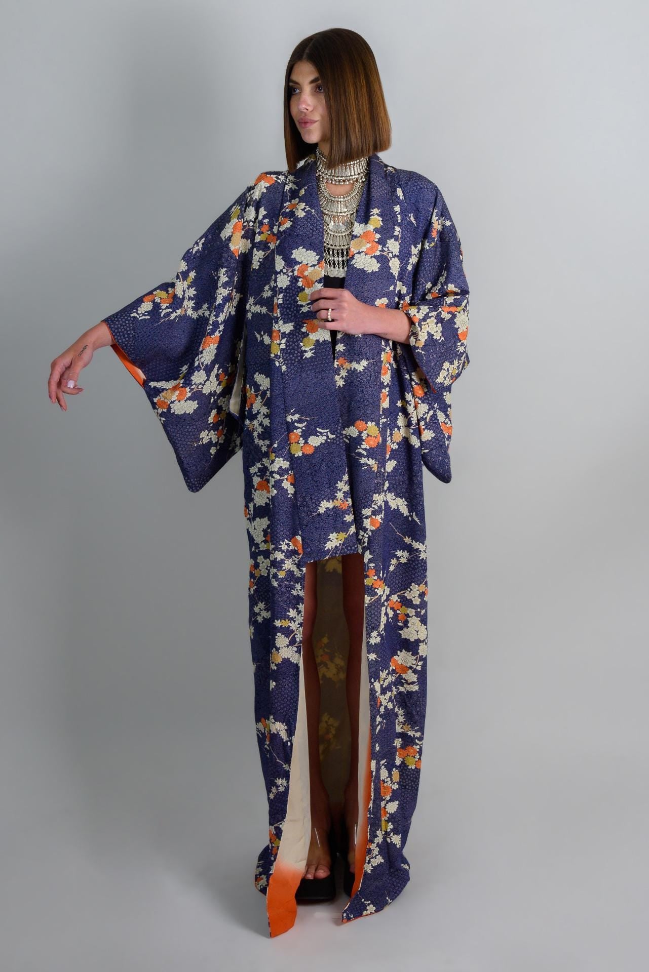 Silk Kimono Robe: Indigo Chrysanthemum Floral, Handmade Japanese Fashion
