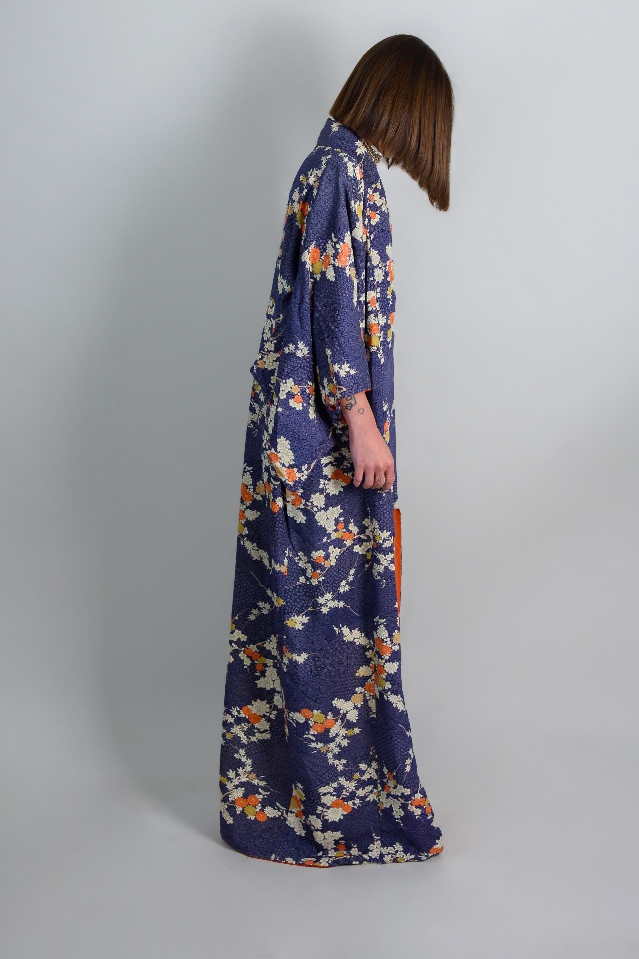 Silk Kimono Robe: Indigo Chrysanthemum Floral, Handmade Japanese Fashion