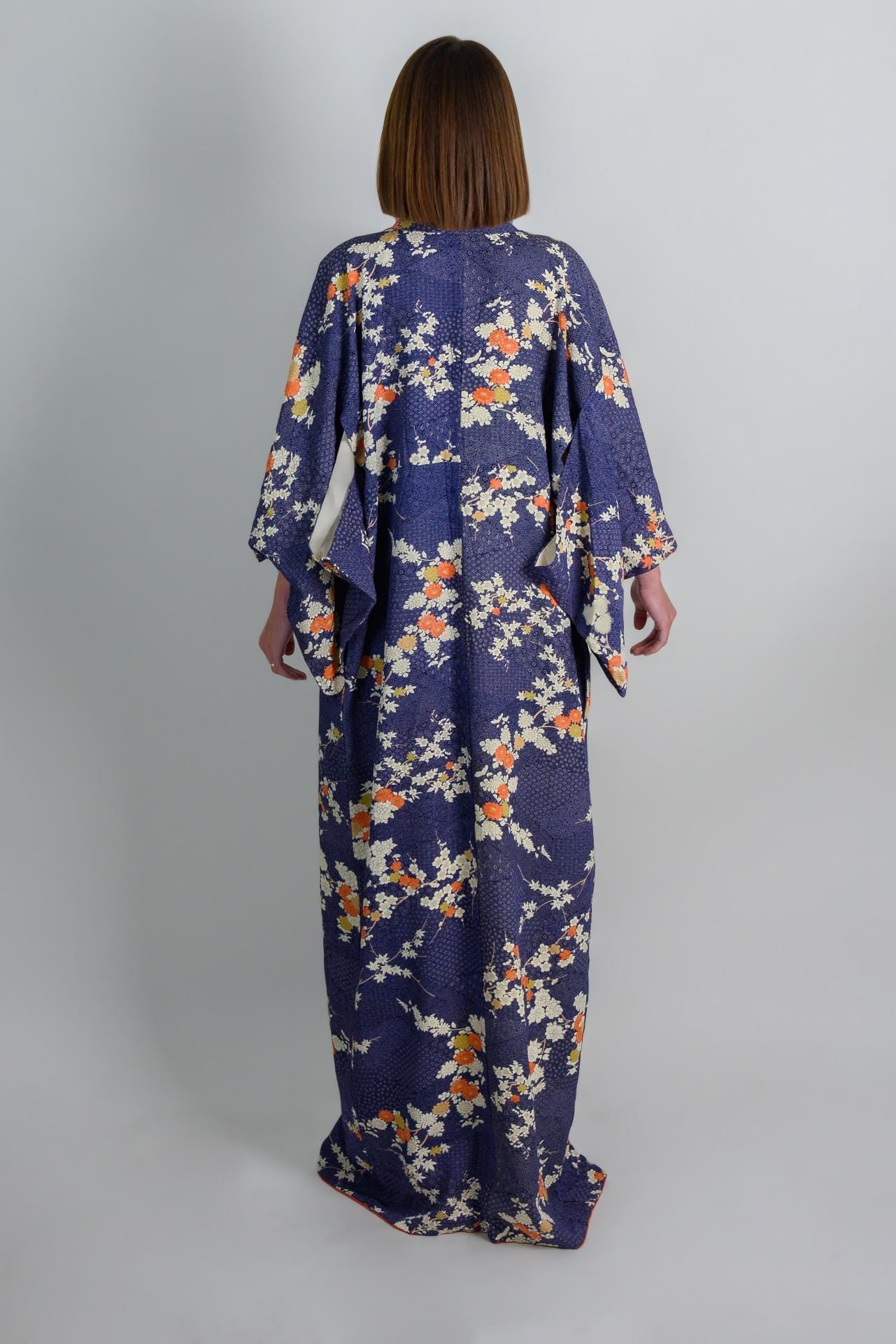 Silk Kimono Robe: Indigo Chrysanthemum Floral, Handmade Japanese Fashion