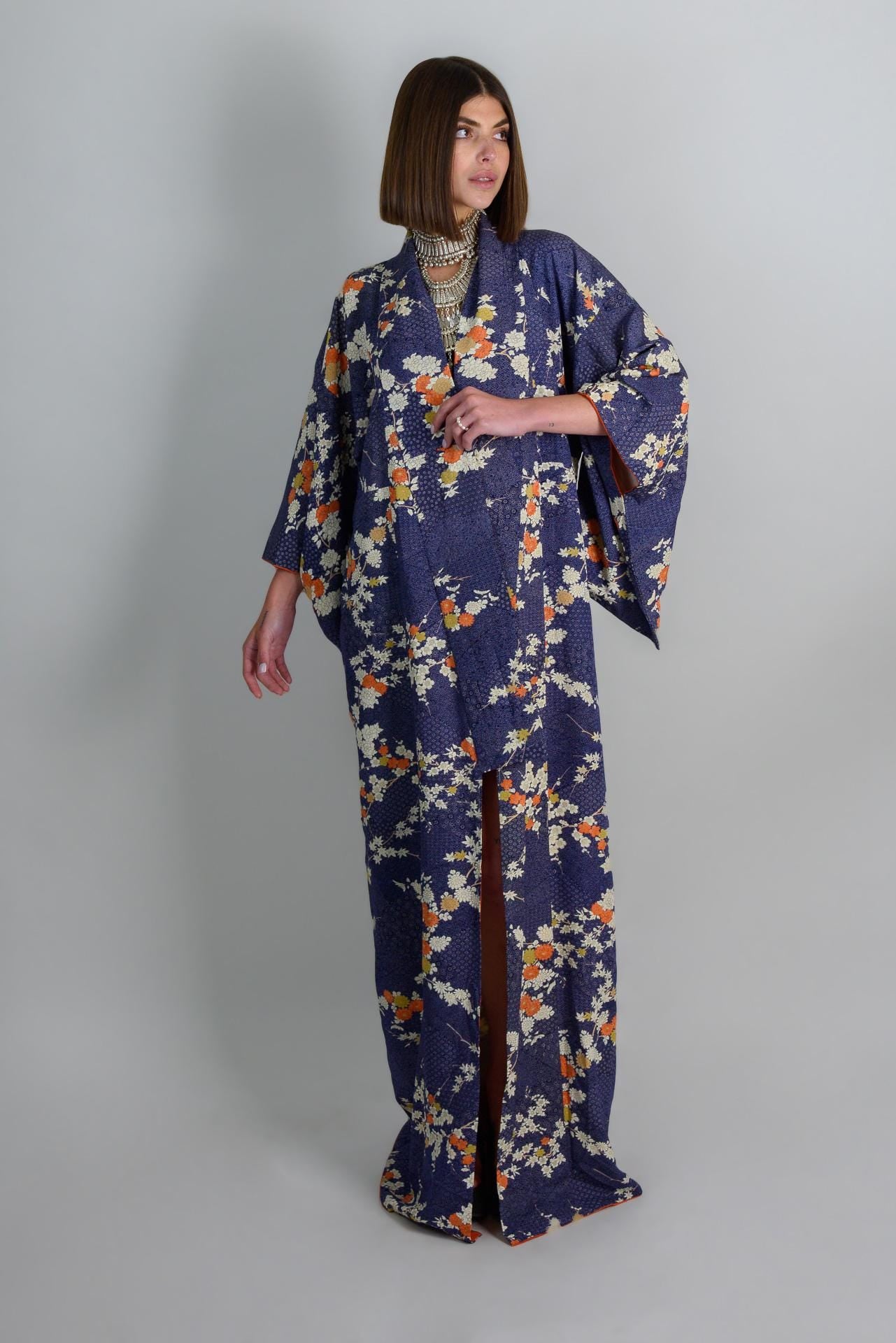 Silk Kimono Robe: Indigo Chrysanthemum Floral, Handmade Japanese Fashion