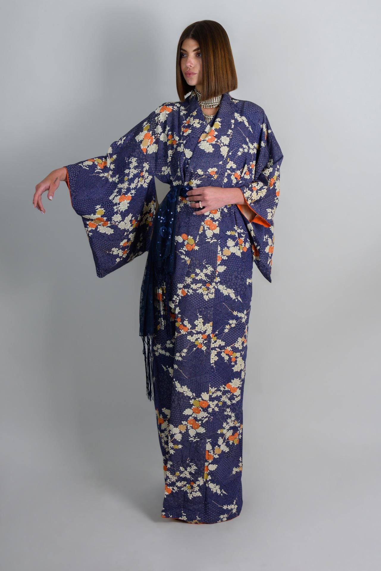 Silk Kimono Robe: Indigo Chrysanthemum Floral, Handmade Japanese Fashion