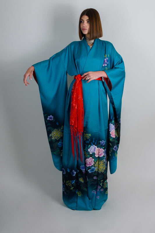 Handmade Silk Kimono Robe: Japanese Floral Print, Teal Boho Fashion