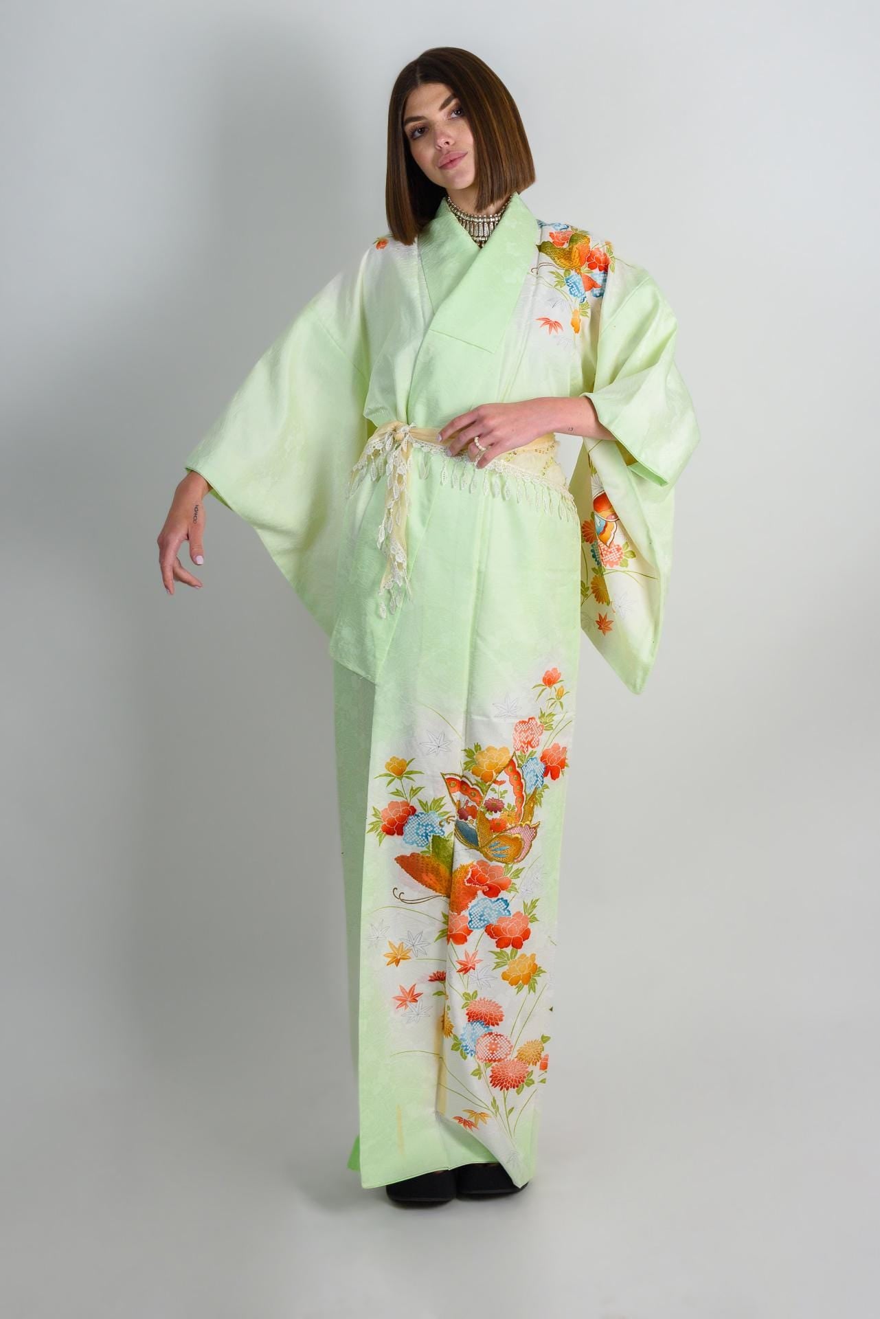 Handmade Japanese Silk Kimono | Mint Green Floral Robe