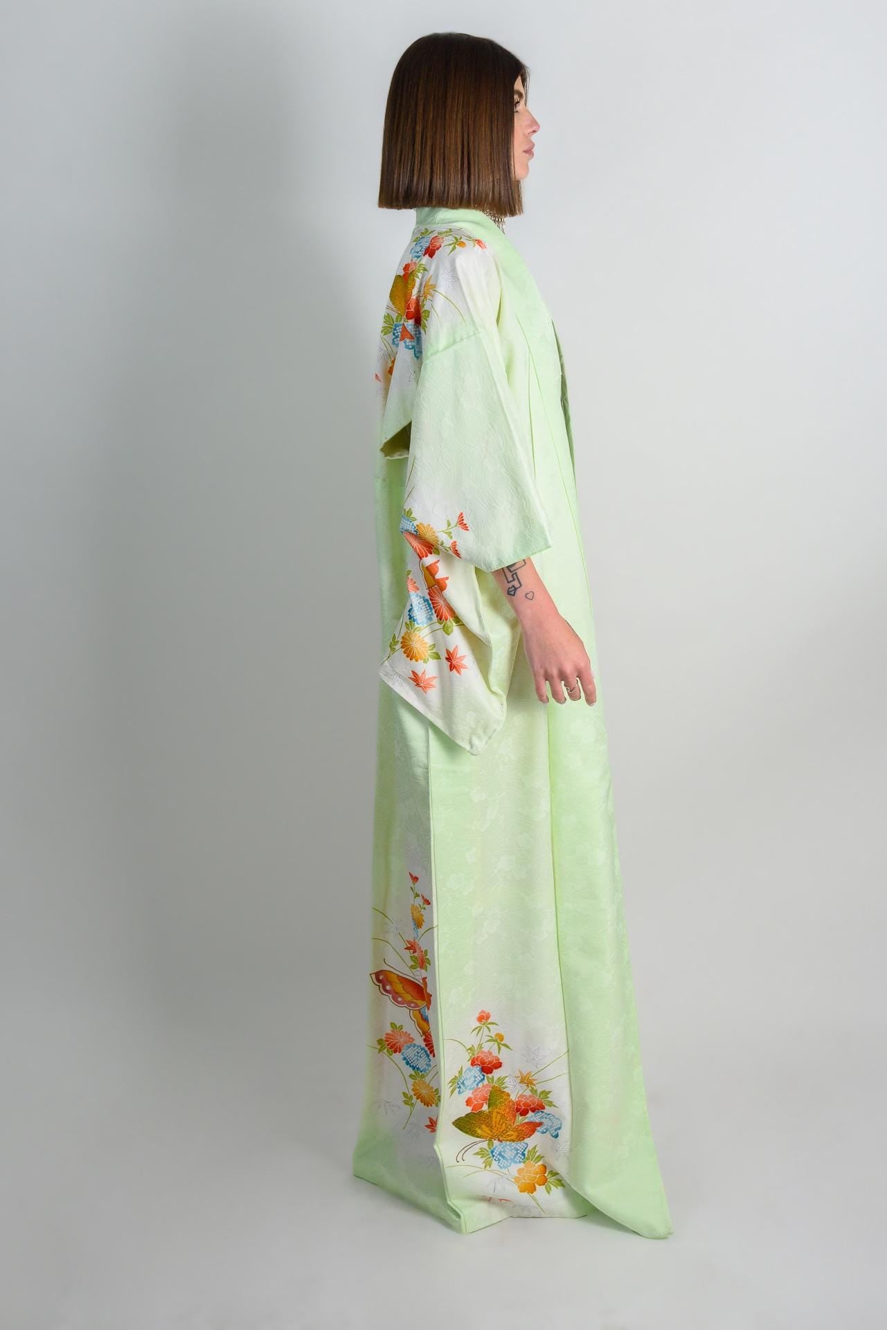 Handmade Japanese Silk Kimono | Mint Green Floral Robe
