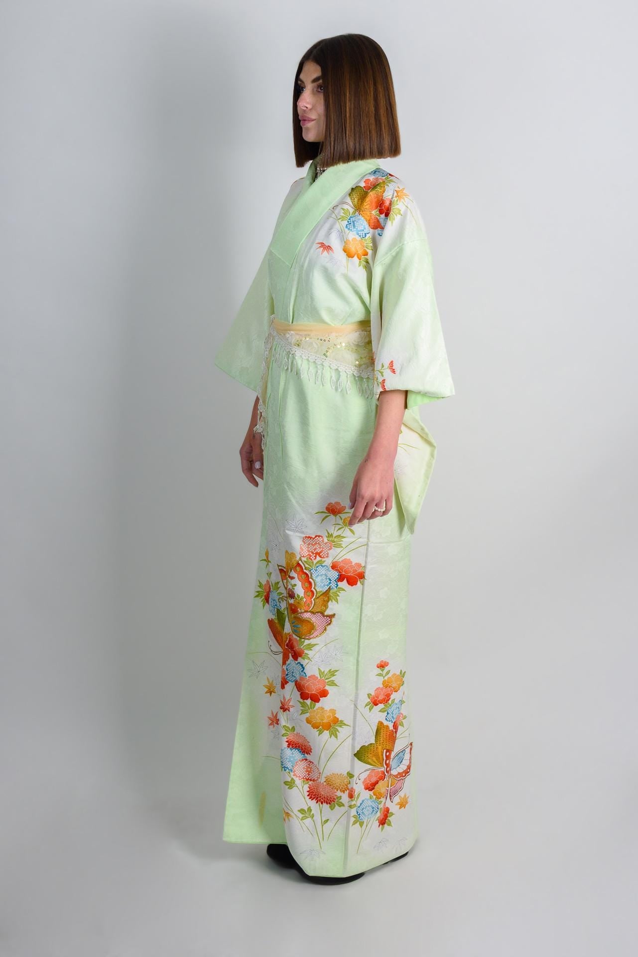 Handmade Japanese Silk Kimono | Mint Green Floral Robe