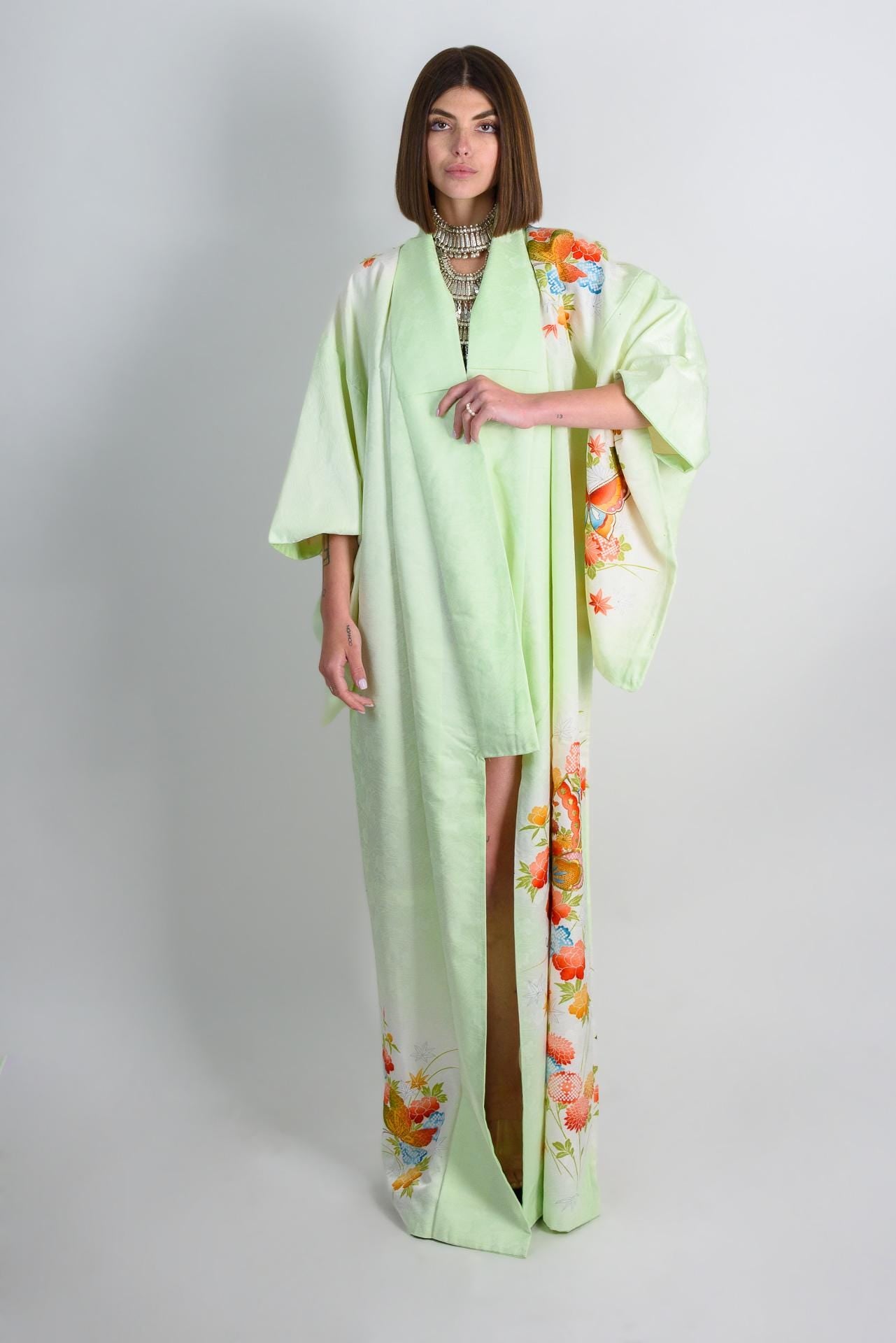 Handmade Japanese Silk Kimono | Mint Green Floral Robe