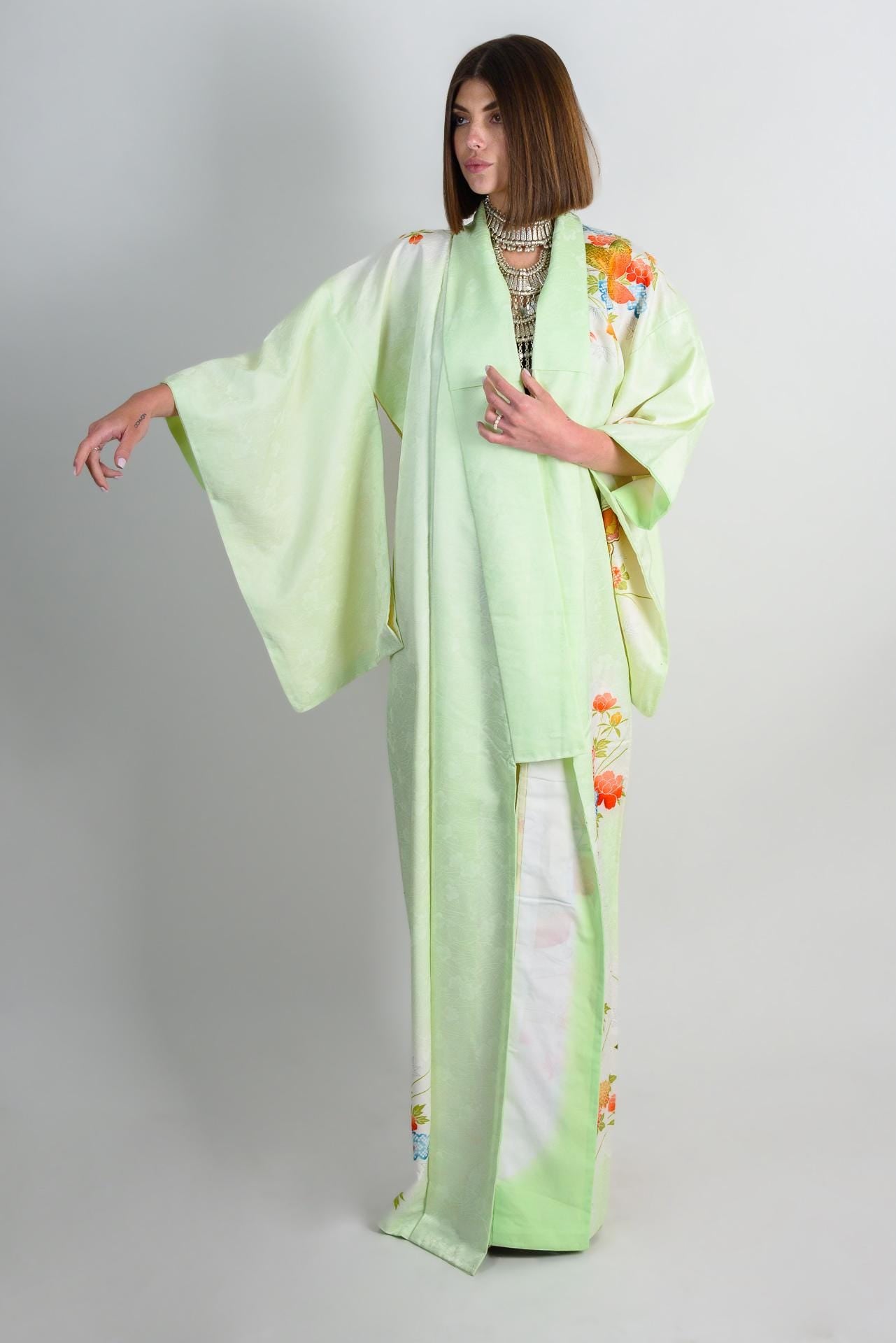 Handmade Japanese Silk Kimono | Mint Green Floral Robe