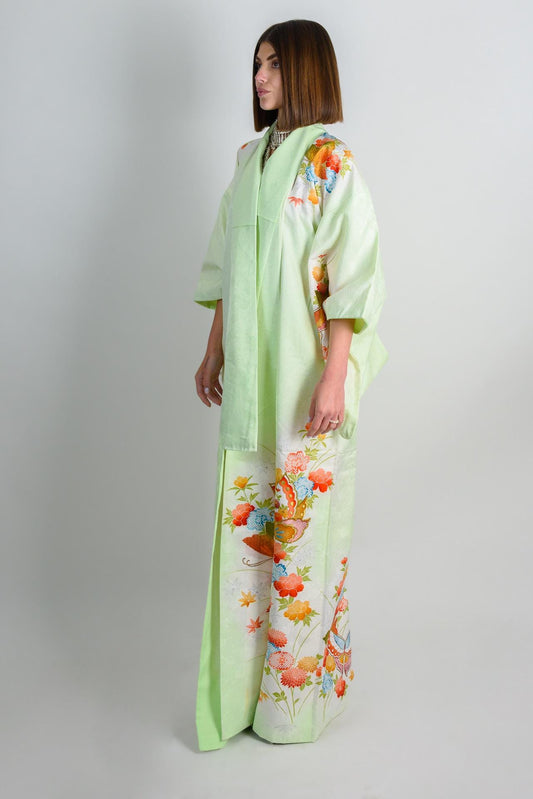 Handmade Japanese Silk Kimono | Mint Green Floral Robe