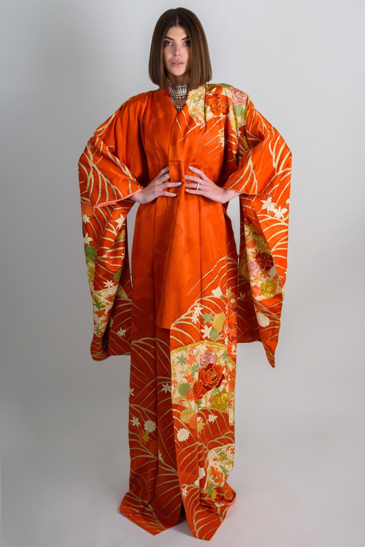 Handmade Silk Kimono | Flame Orange Floral Japanese Robe