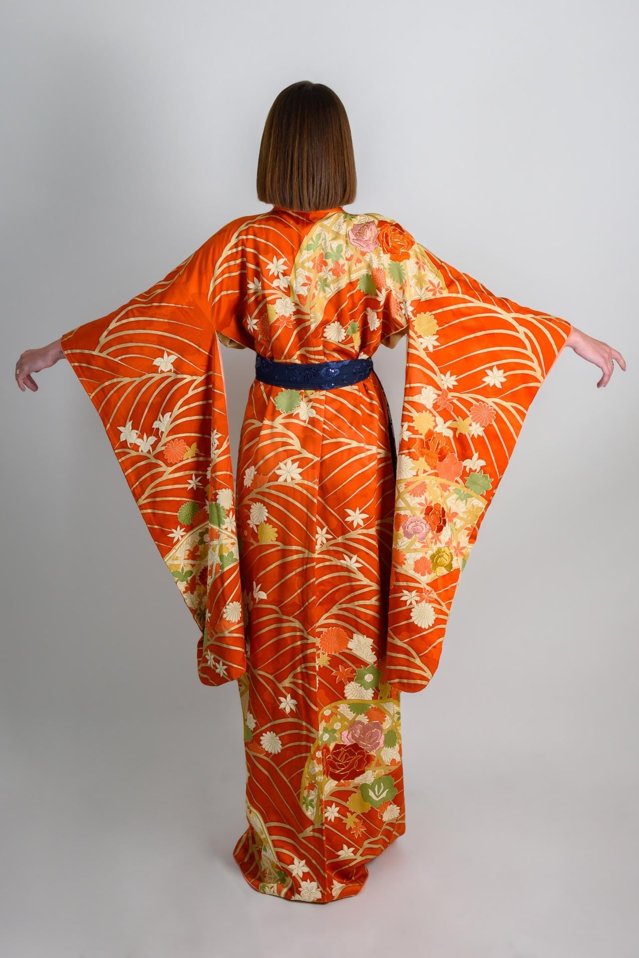 Handmade Silk Kimono | Flame Orange Floral Japanese Robe