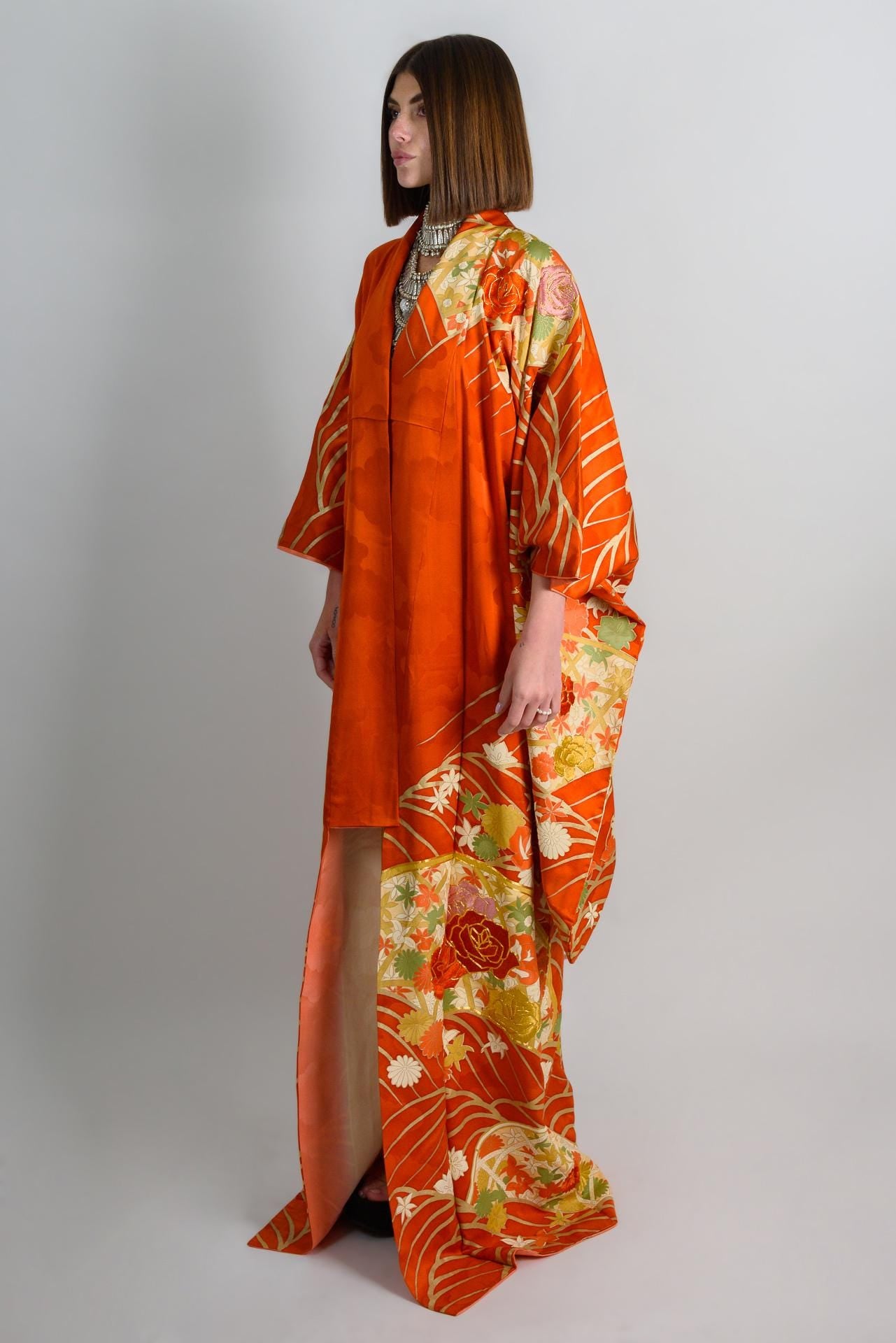 Handmade Silk Kimono | Flame Orange Floral Japanese Robe