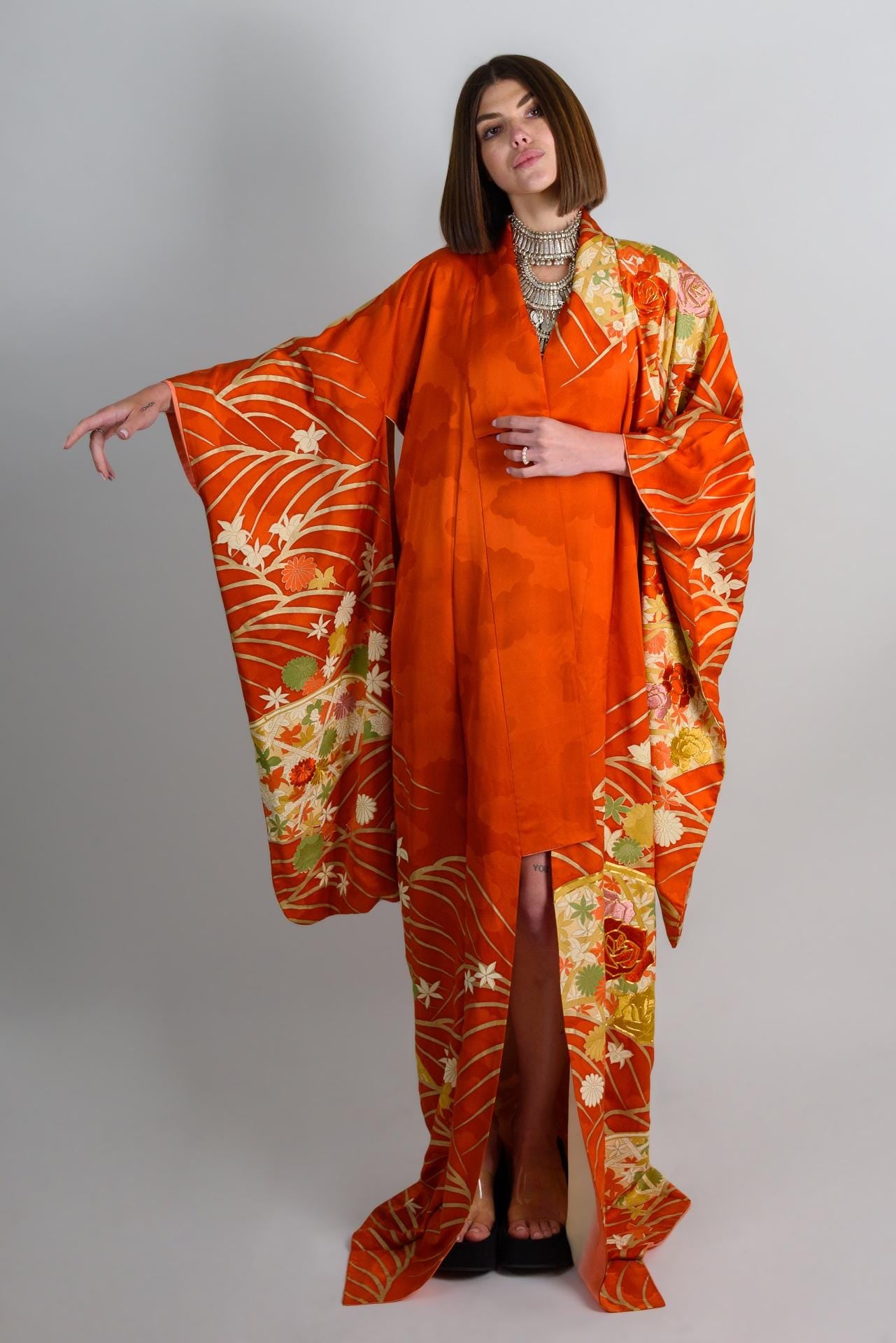 Handmade Silk Kimono | Flame Orange Floral Japanese Robe