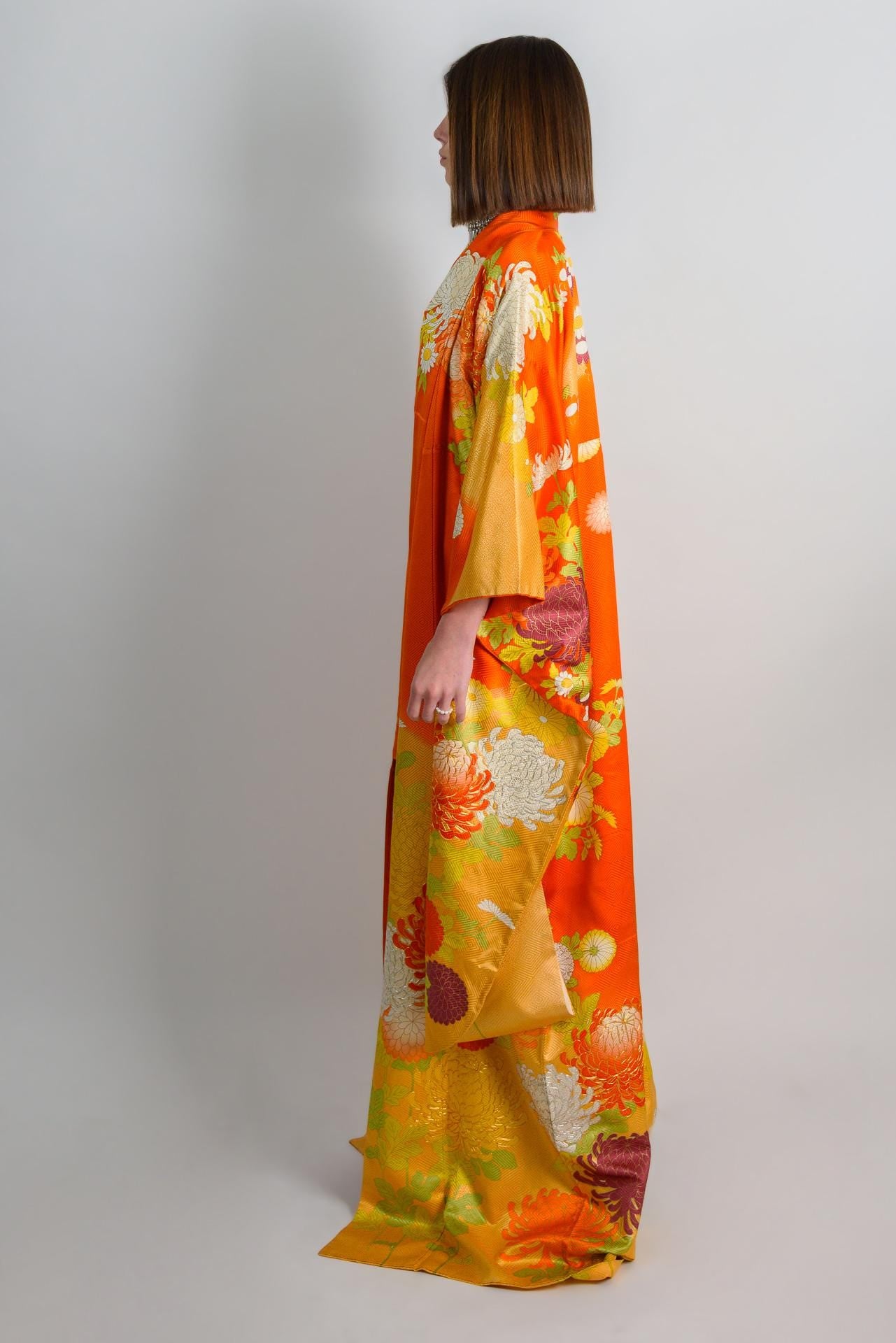 Silk Kimono Robe: Embroidered Chrysanthemums, Handmade Japanese Style