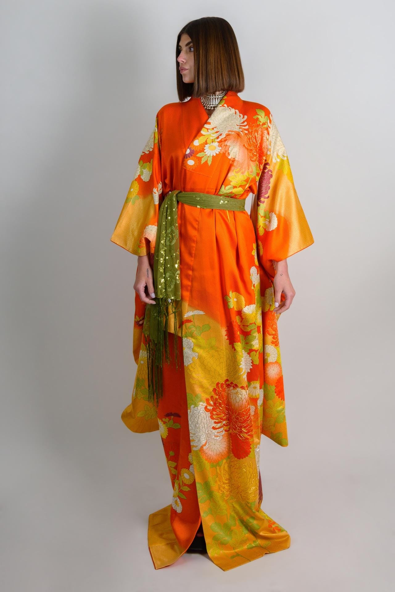 Silk Kimono Robe: Embroidered Chrysanthemums, Handmade Japanese Style