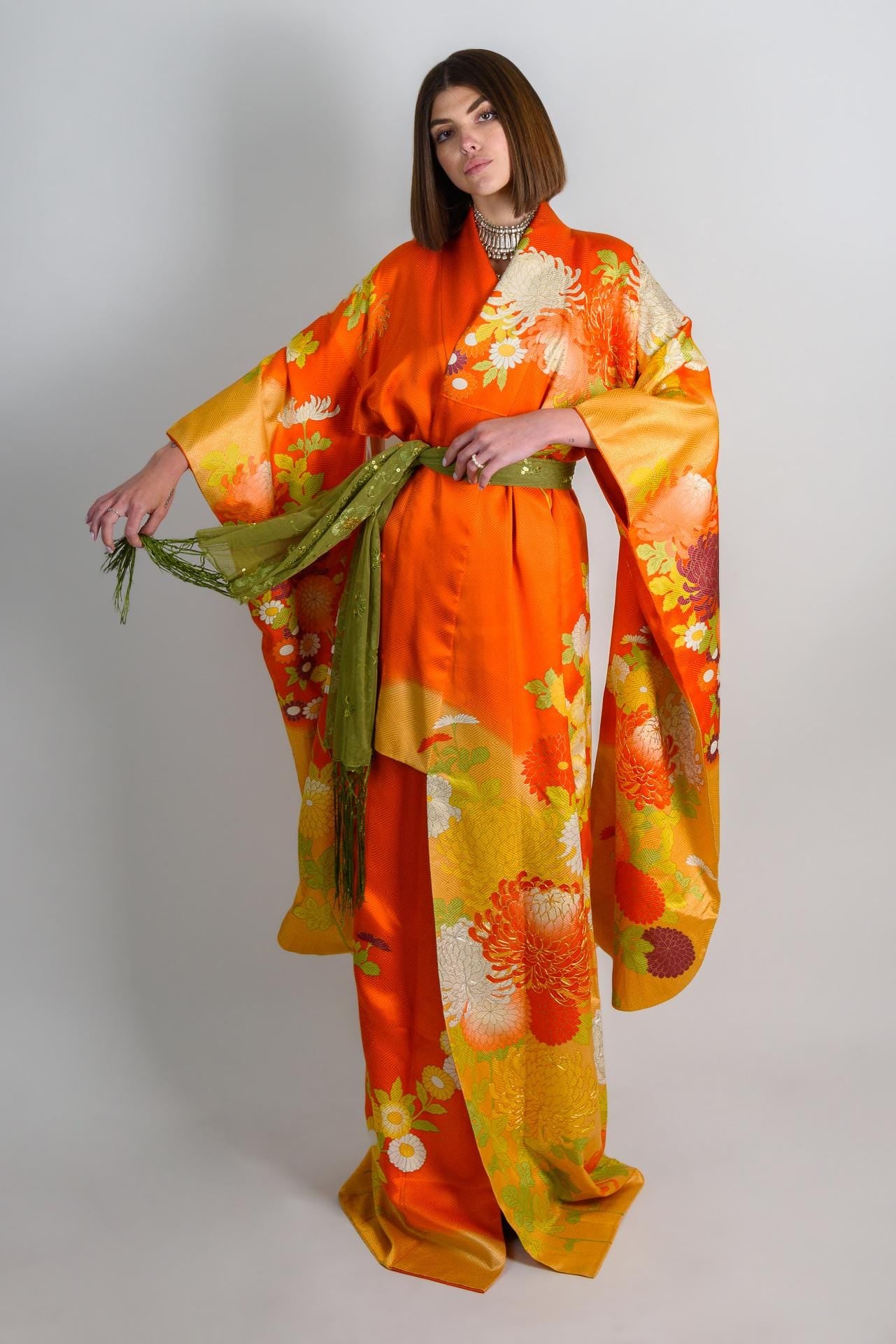Silk Kimono Robe: Embroidered Chrysanthemums, Handmade Japanese Style