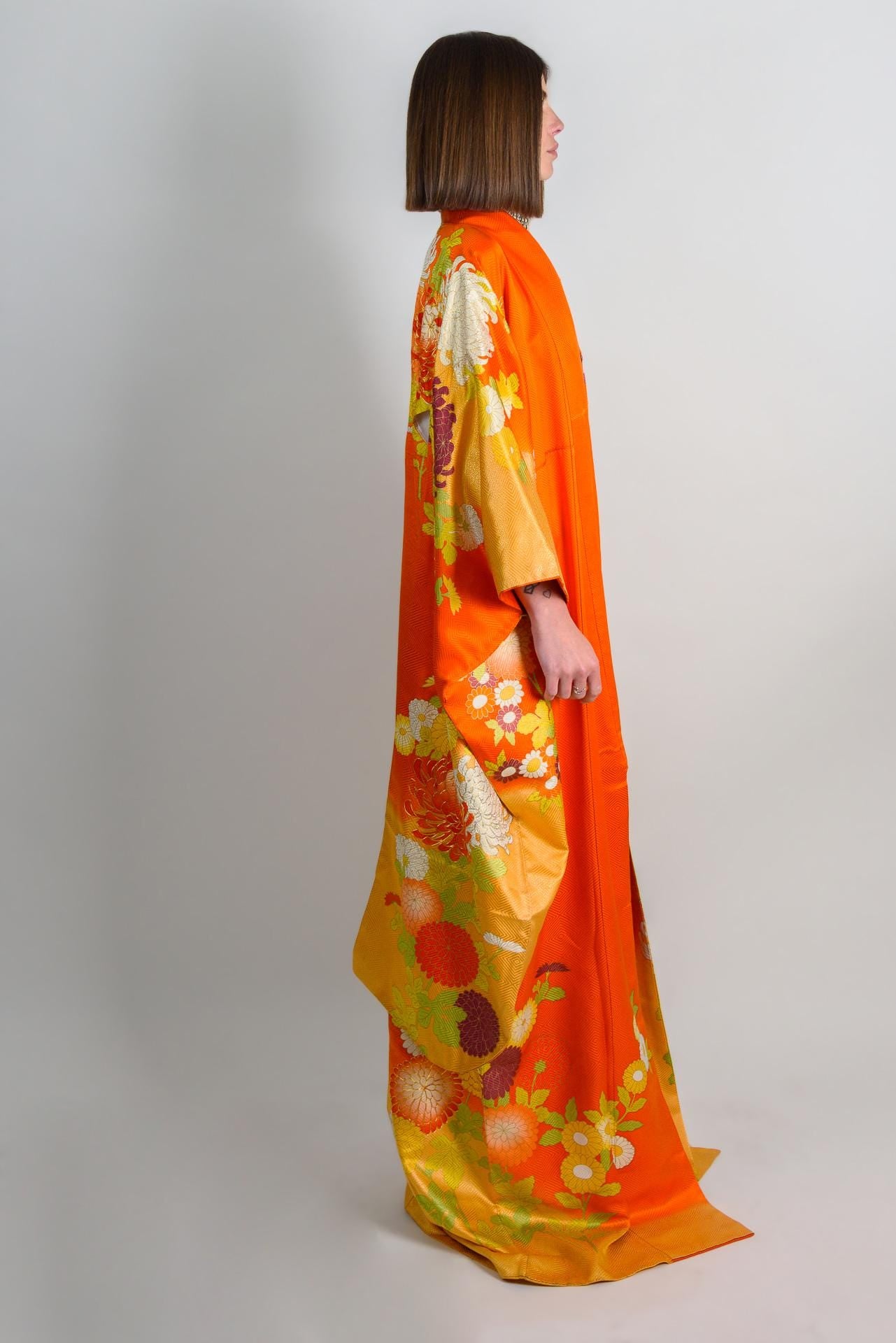 Silk Kimono Robe: Embroidered Chrysanthemums, Handmade Japanese Style