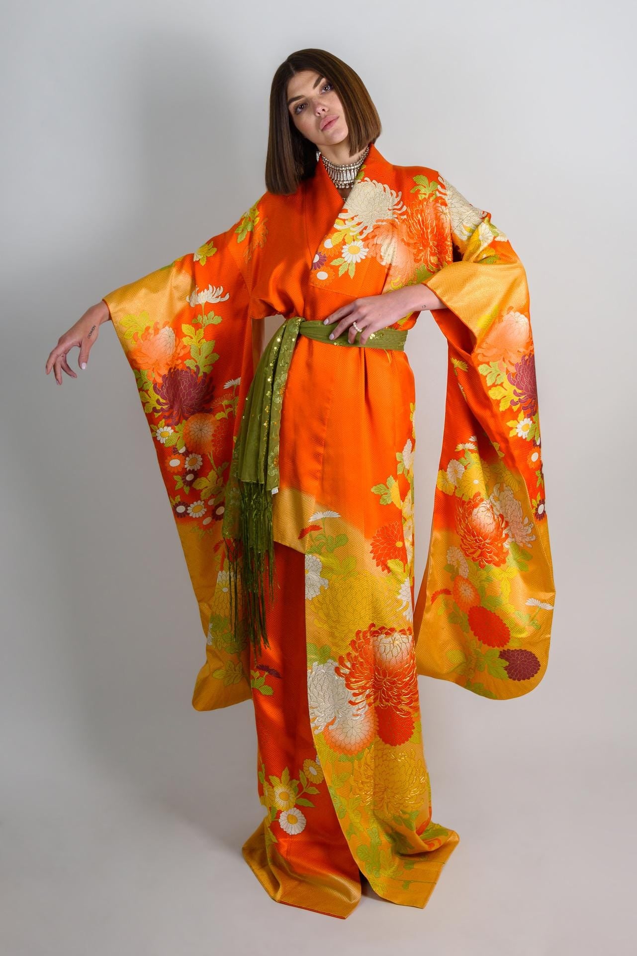 Silk Kimono Robe: Embroidered Chrysanthemums, Handmade Japanese Style