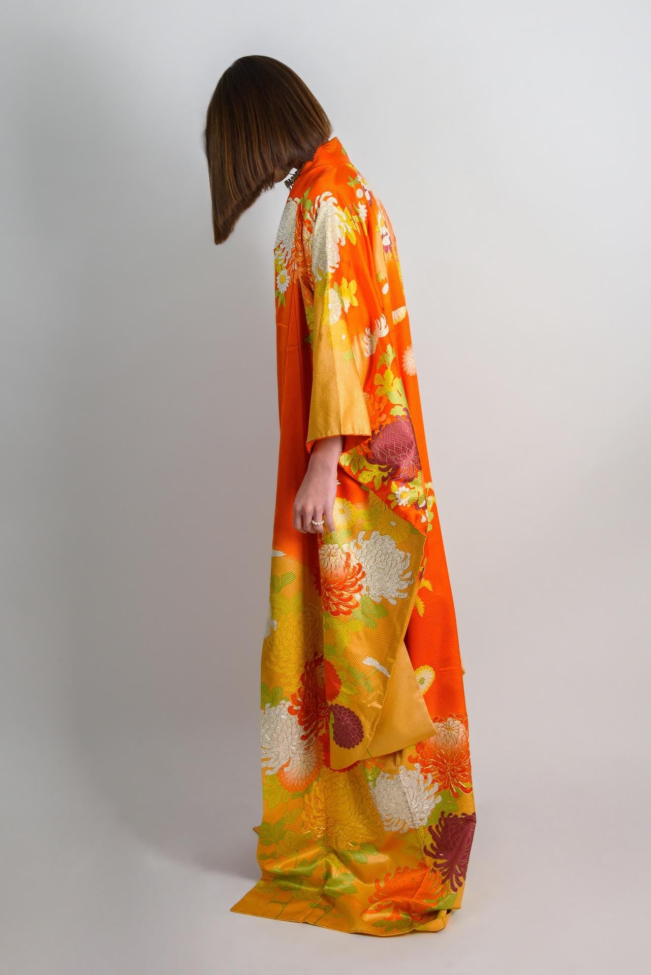 Silk Kimono Robe: Embroidered Chrysanthemums, Handmade Japanese Style