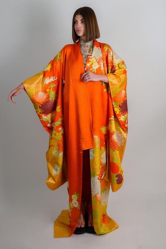 Silk Kimono Robe: Embroidered Chrysanthemums, Handmade Japanese Style