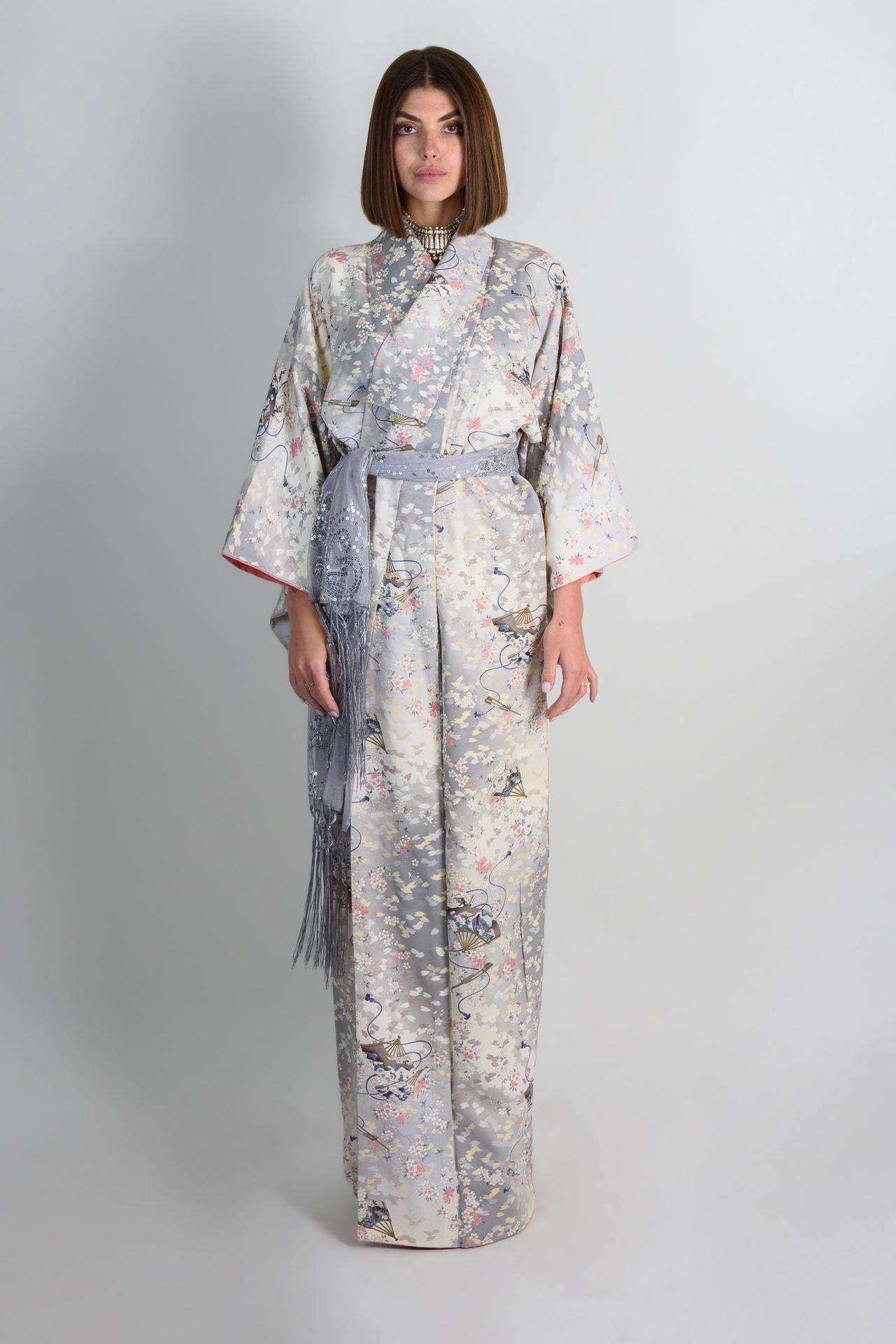 Handmade Silk Kimono | Floral Carriage Motif, Silver Gray Japanese Robe