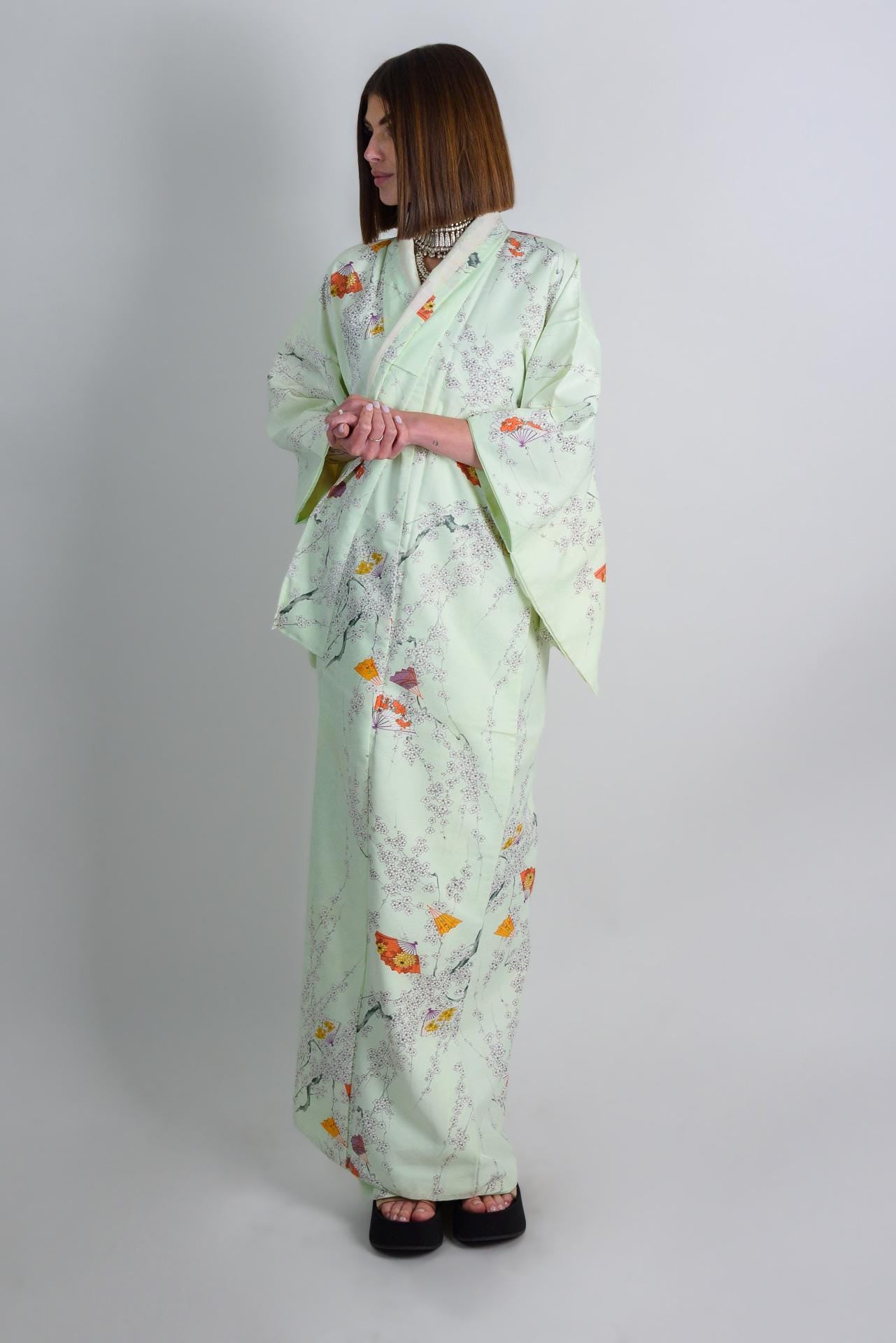 Mint Blossom Silk Kimono: Handmade Japanese Robe with Plum Blossom