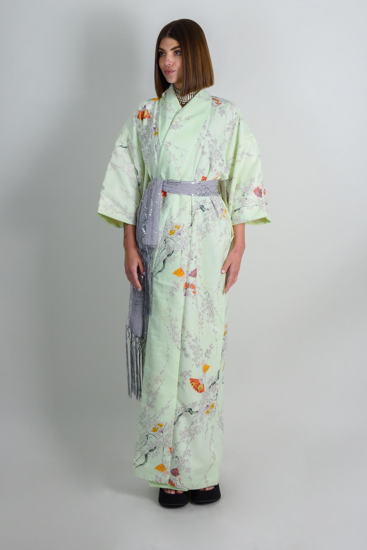 Mint Blossom Silk Kimono: Handmade Japanese Robe with Plum Blossom