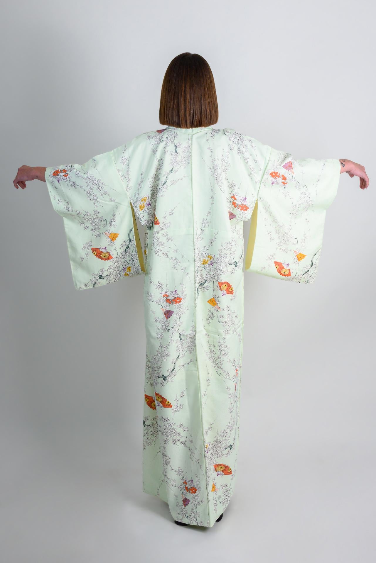 Mint Blossom Silk Kimono: Handmade Japanese Robe with Plum Blossom