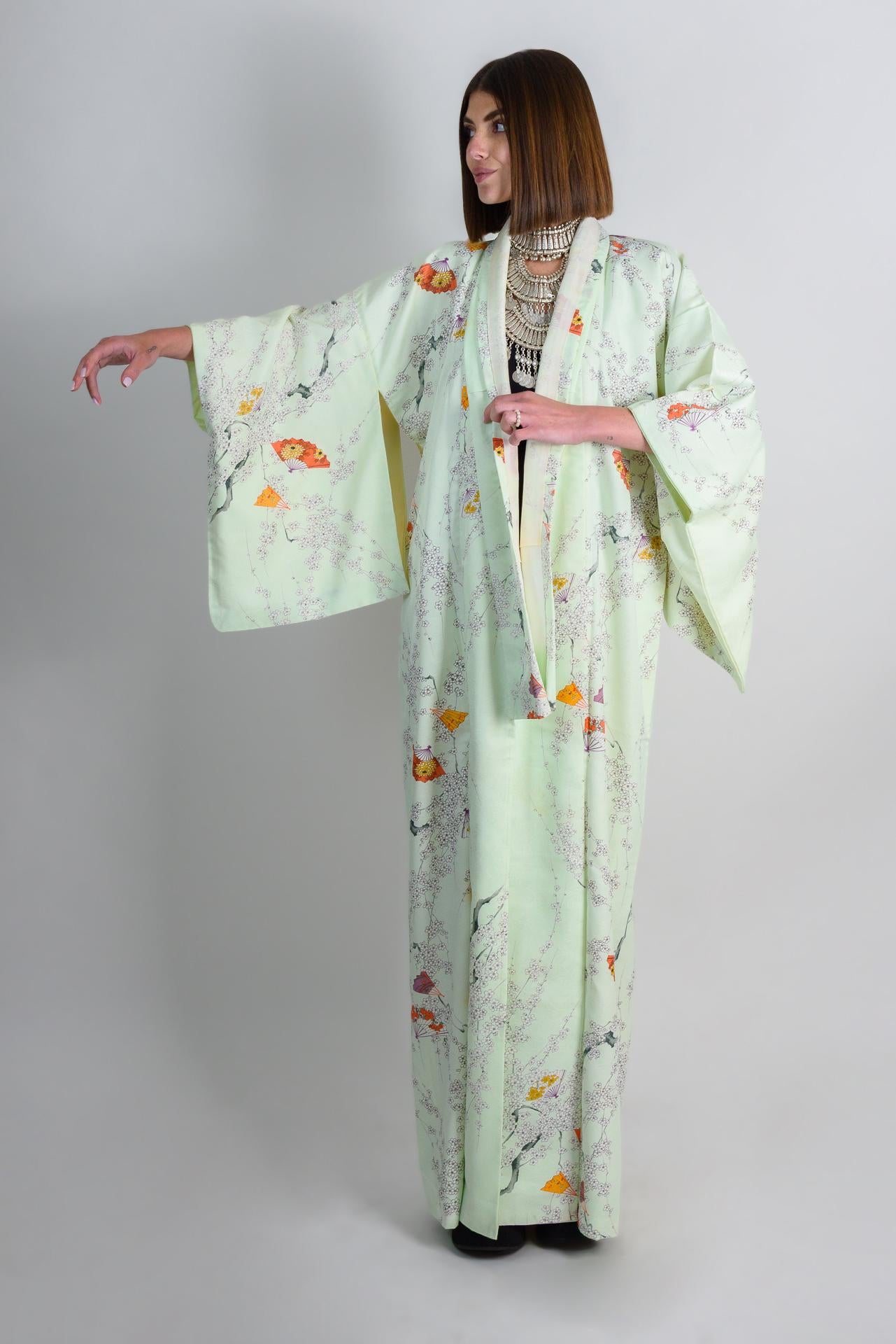 Mint Blossom Silk Kimono: Handmade Japanese Robe with Plum Blossom