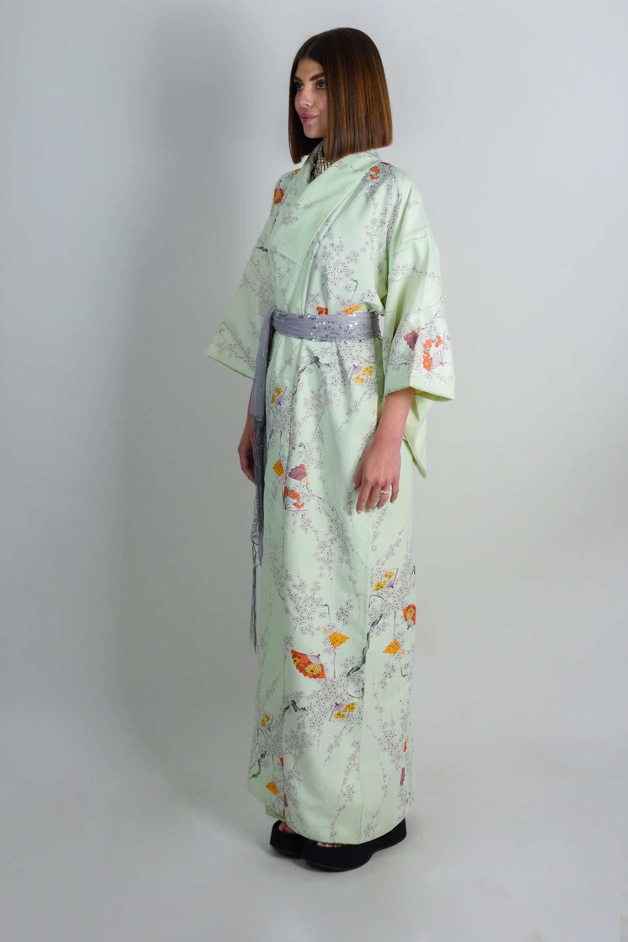 Mint Blossom Silk Kimono: Handmade Japanese Robe with Plum Blossom
