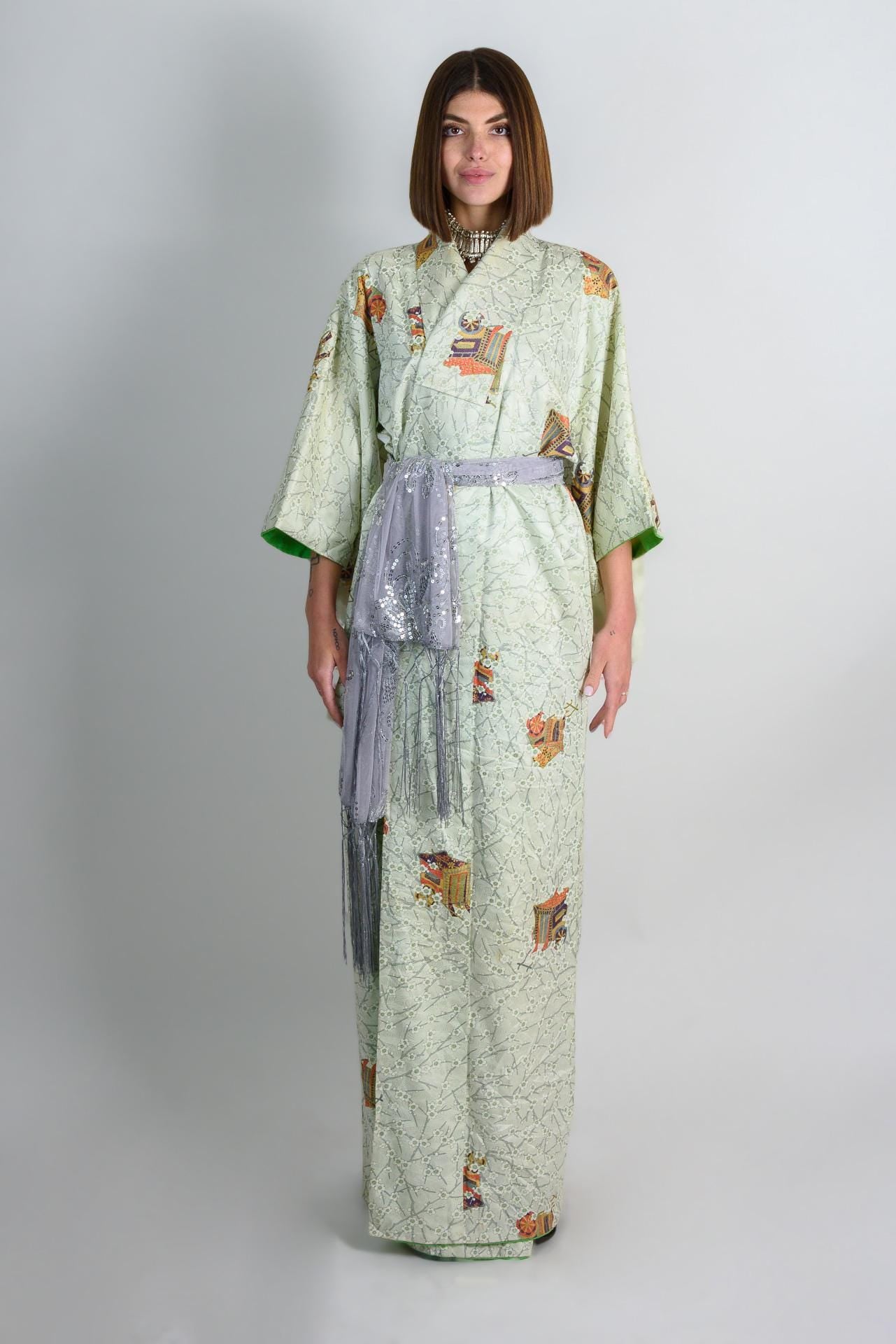 Handmade Silk Kimono Robe | Japanese Temple Print, Boho Fashion