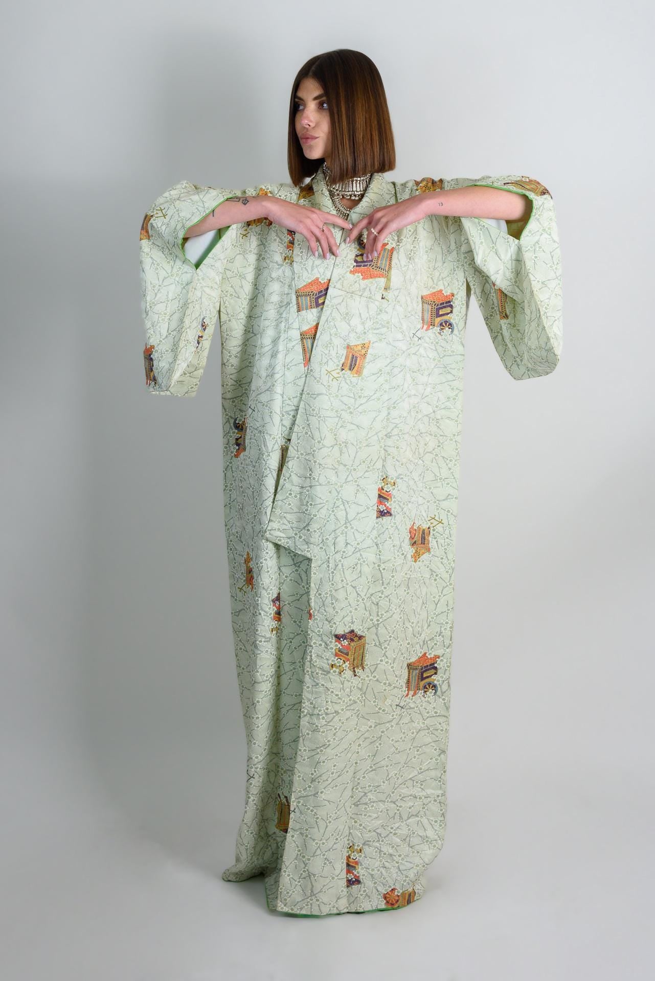 Handmade Silk Kimono Robe | Japanese Temple Print, Boho Fashion