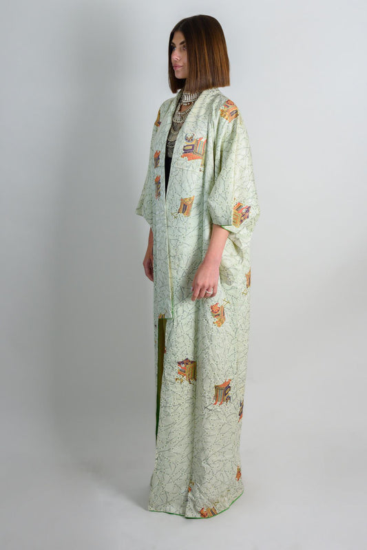 Handmade Silk Kimono Robe | Japanese Temple Print, Boho Fashion